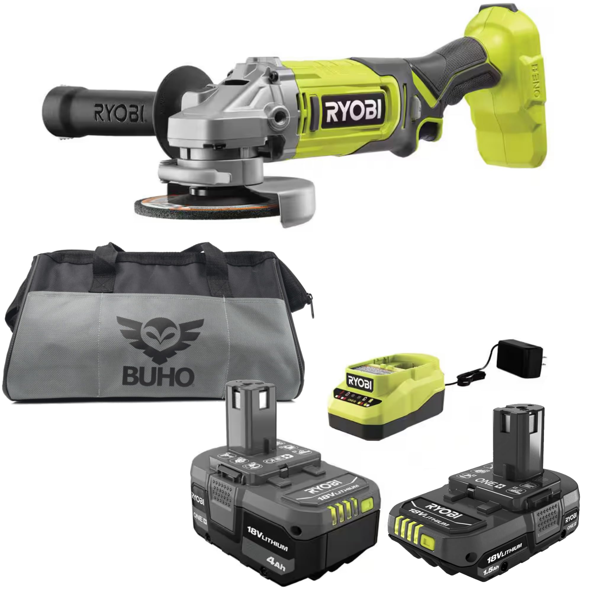 Buho Angle Grinder Accessory Bundle - 18-Volt Cordless 4-1/2 inch Angle Grinder 4.0 and 2.0 Ah Battery Lithium-ion Charger Tool Bag