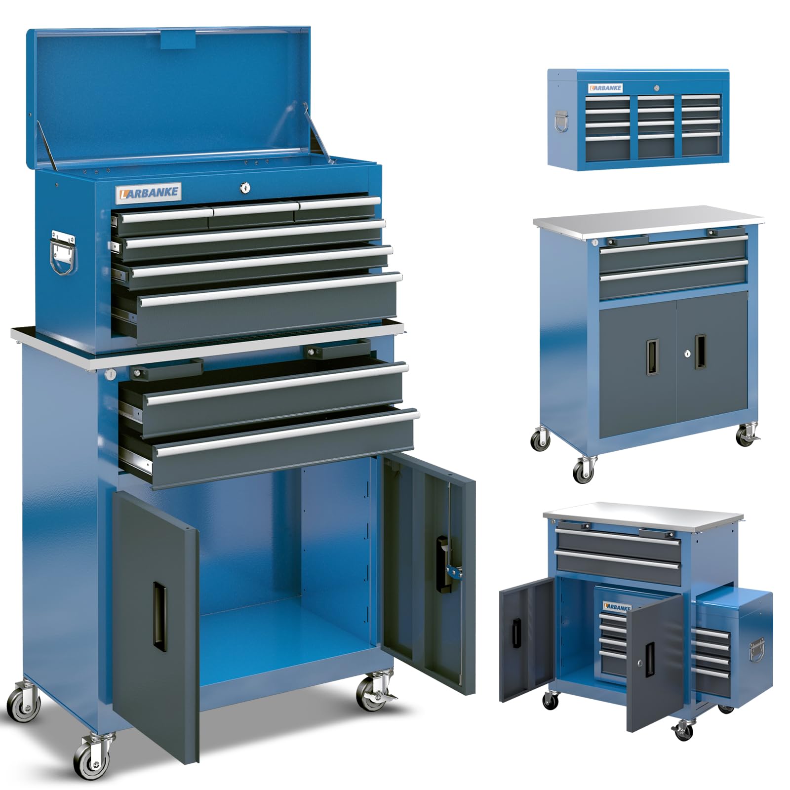 LARBANKE 8-Drawer Rolling Tool Chest with Wheels and Door, Sliding Drawer, Stainless Steel Countertop, Large Workbench Forming Tool Chest for Garage Workshop