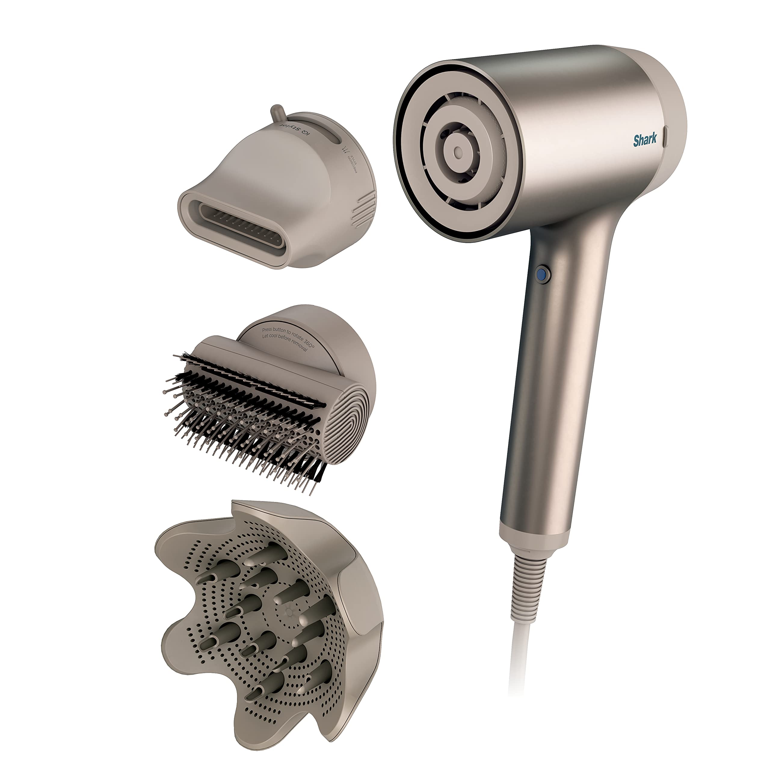 Shark HD120BRN Blow Dryer HyperAIR Fast-Drying with IQ 2-in-1 Concentrator, Styling Brush, and Curl-Defining Deep Diffuser Attachments, Ionic, No Heat Damage, for All Hair Types, Stone