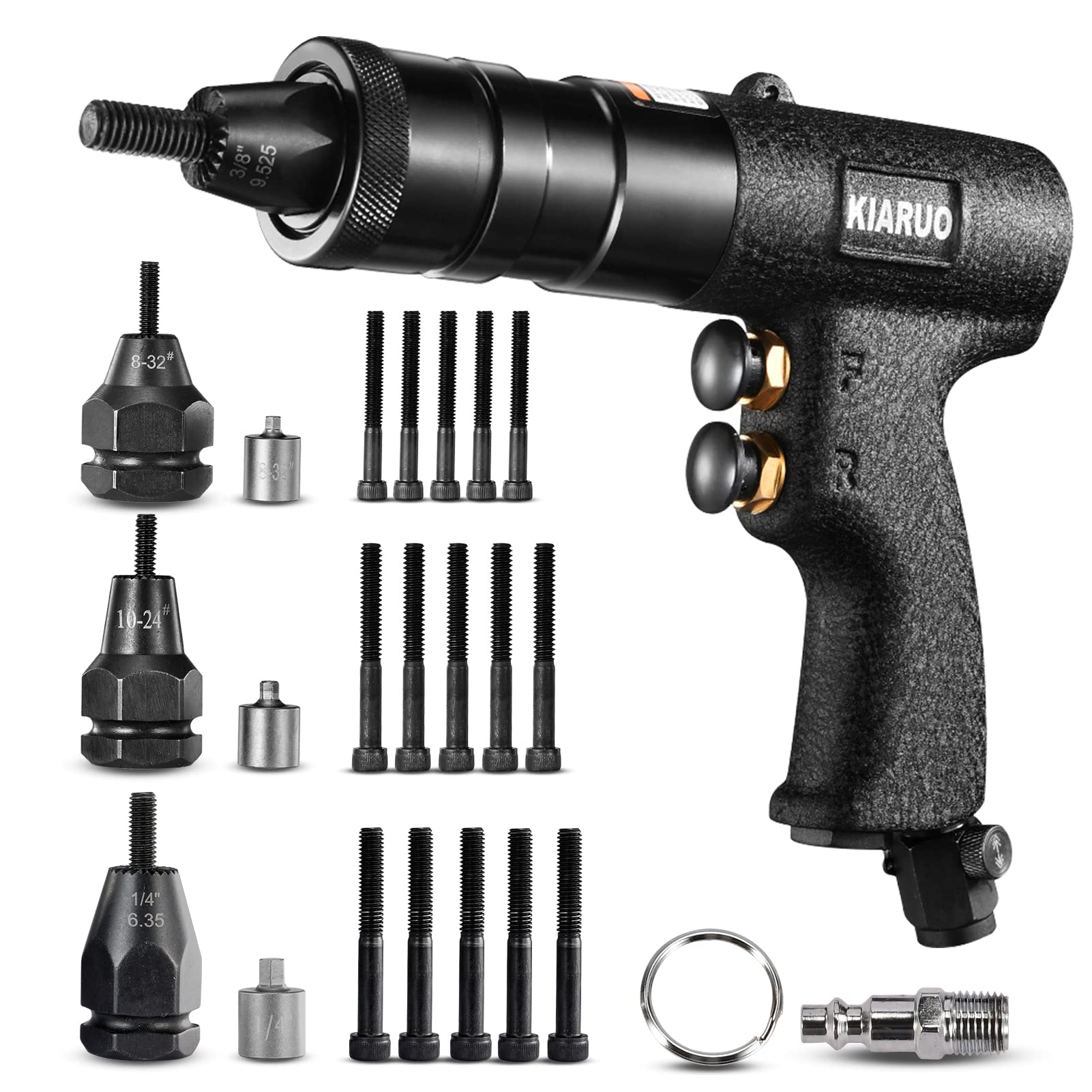 KIARUO Pneumatic Rivet Nut Gun 8-32,10-24,1/4-20 with Replacement Mandrels, RPM 1500 Industrial Grade Pull Rivnut Gun MODEI:LM08 Button Switch