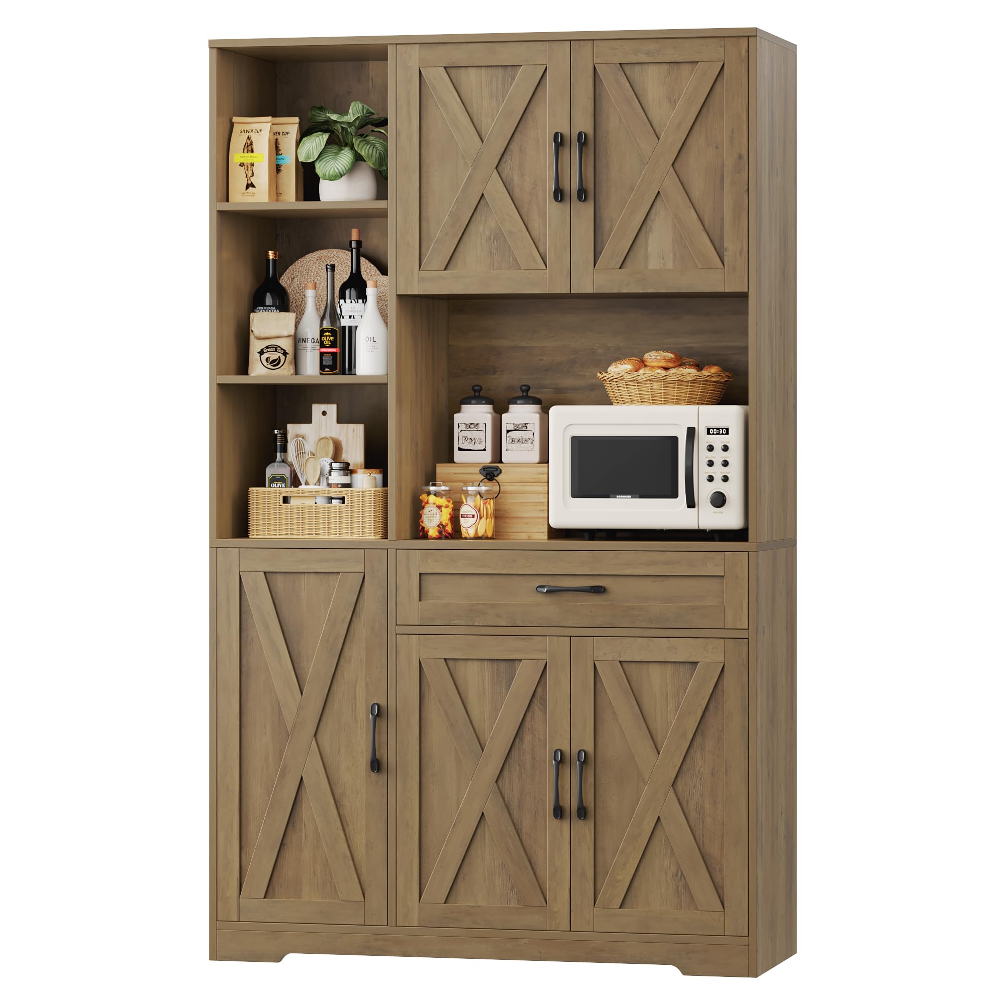 HOSTACK 71" Tall Kitchen Pantry Storage Cabinet, Farmhouse Food Pantry Cabinet with Microwave Stand, Barn Doors Kitchen Hutch Cabinet with Large Drawer and Shelves for Dining Room