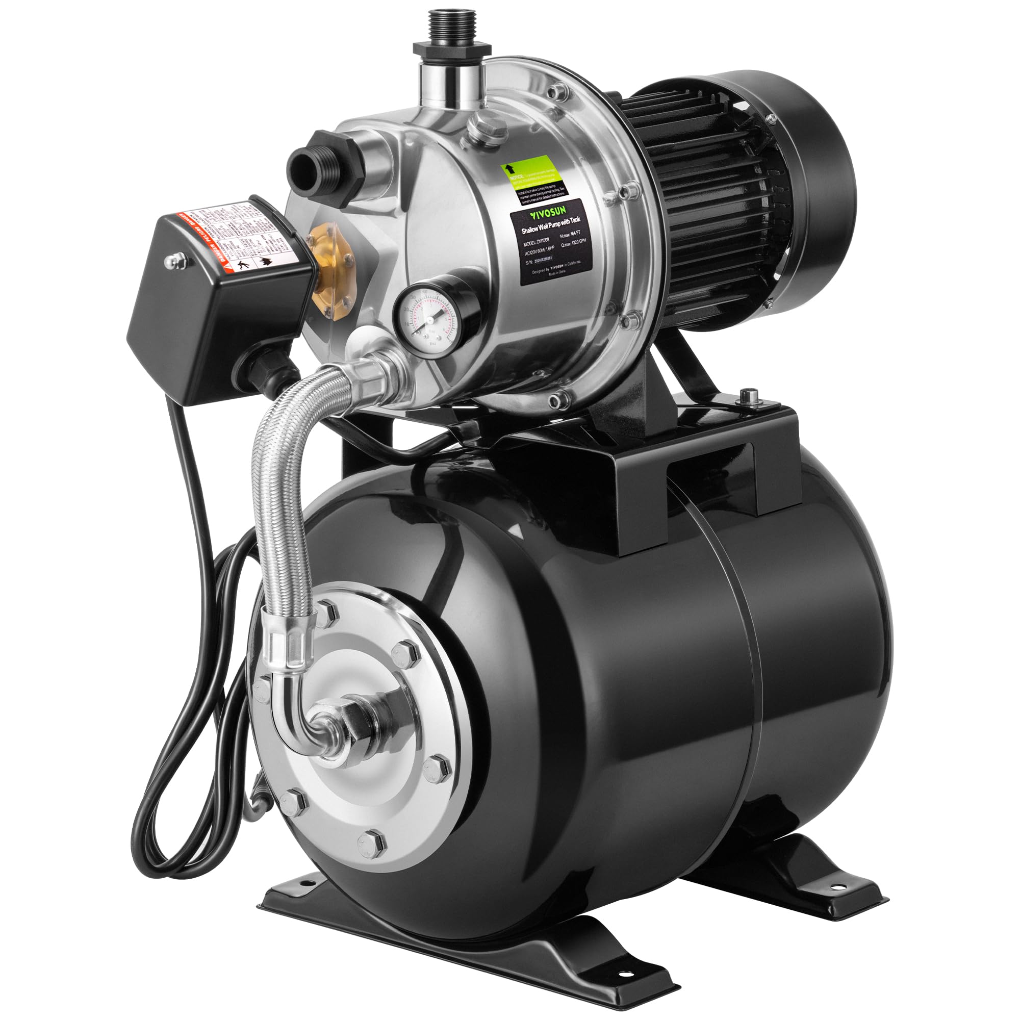 VIVOSUN 1.6 HP Shallow Well Pump with Pressure Tank, NSF Certified, 1320 GPH, Stainless Steel, Automatic Water Booster Jet Pump with Two Adapters for Home, Garden, Lawn