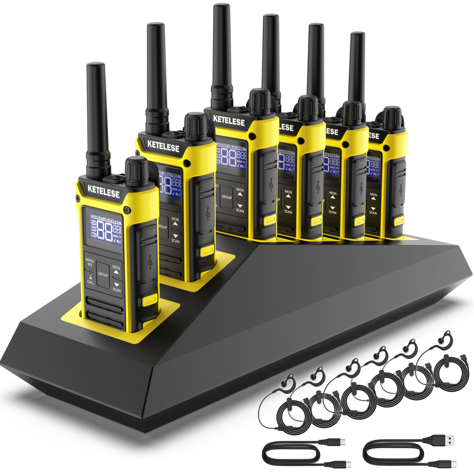 KETELESE T3F IP67 Waterproof Walkie Talkies, Heavy Duty Two Way Radio with Earpiece, Triple Proof, Three Charging Options, USB, NOAA, VOX (6 Pack), Black/Yellow