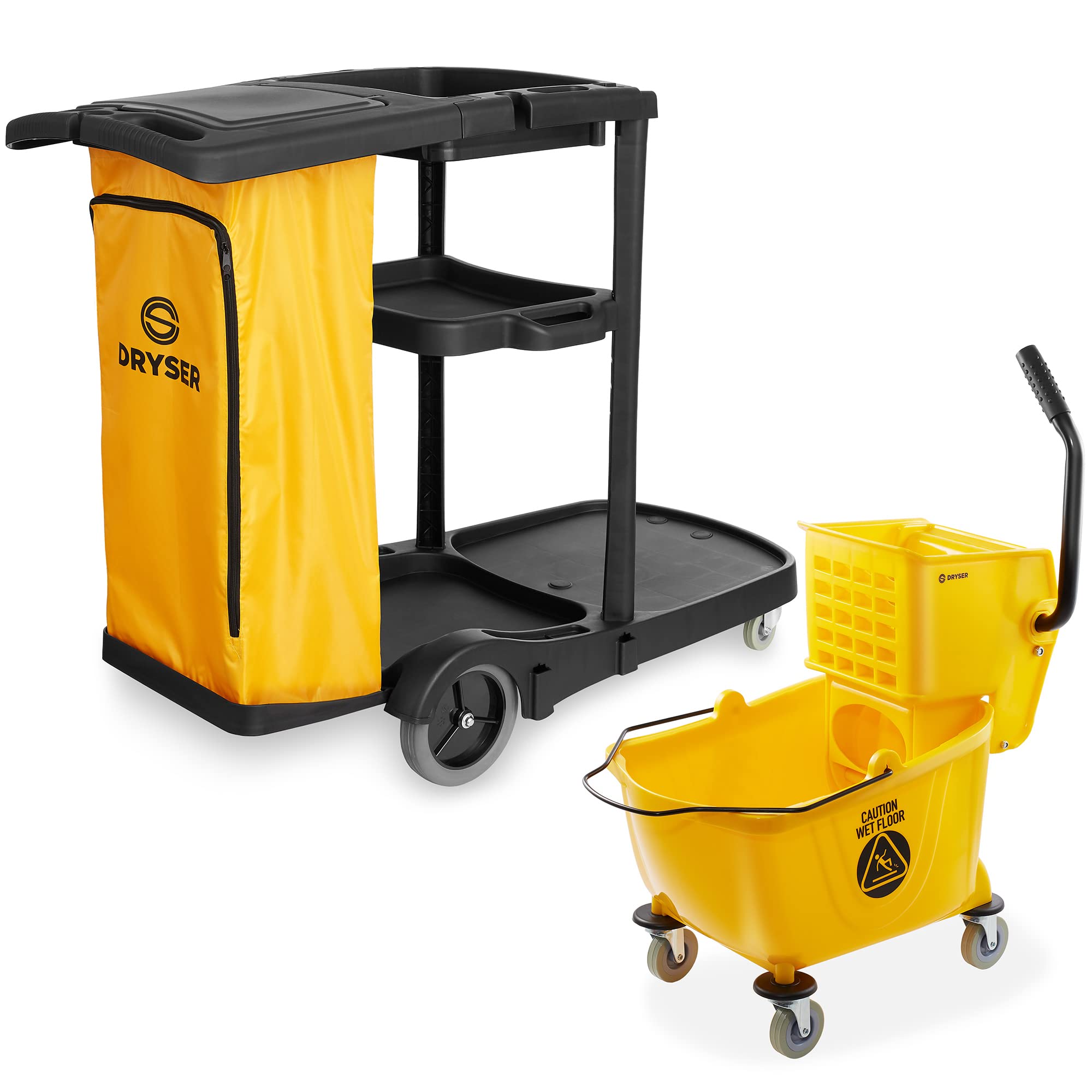 Dryser Commercial Janitorial Cleaning Cart on Wheels with Cover, Shelves and Vinyl Bag & Commercial Mop Bucket with Side Press Wringer, 26 Qt. Yellow