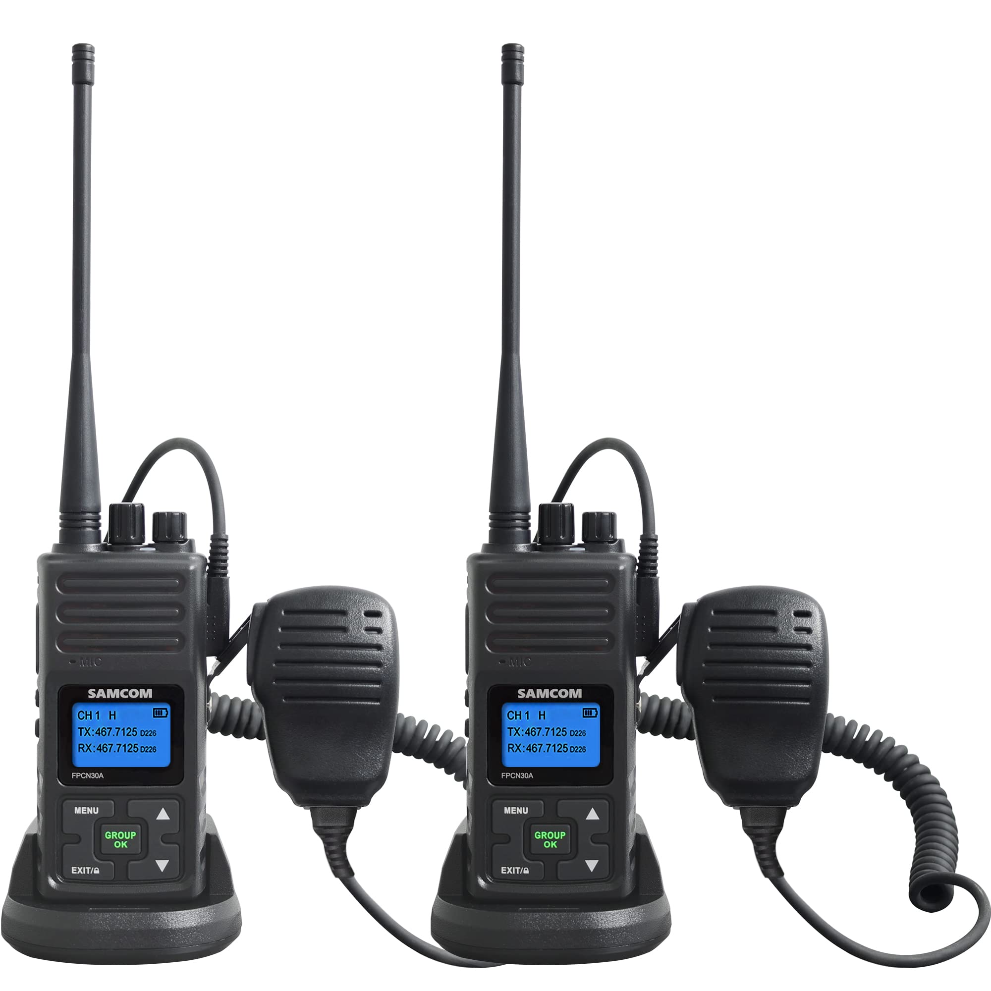 SAMCOM 5Watt Walkie Talkie Long Range Two Way Radio Rechargeable with Speaking Mic, SAMCOM 2-Way Radios Heavy Duty Walky Talky with Shoulder Mic for Restaurant Hotel (2 Pcs Radio + Speaker Mic)