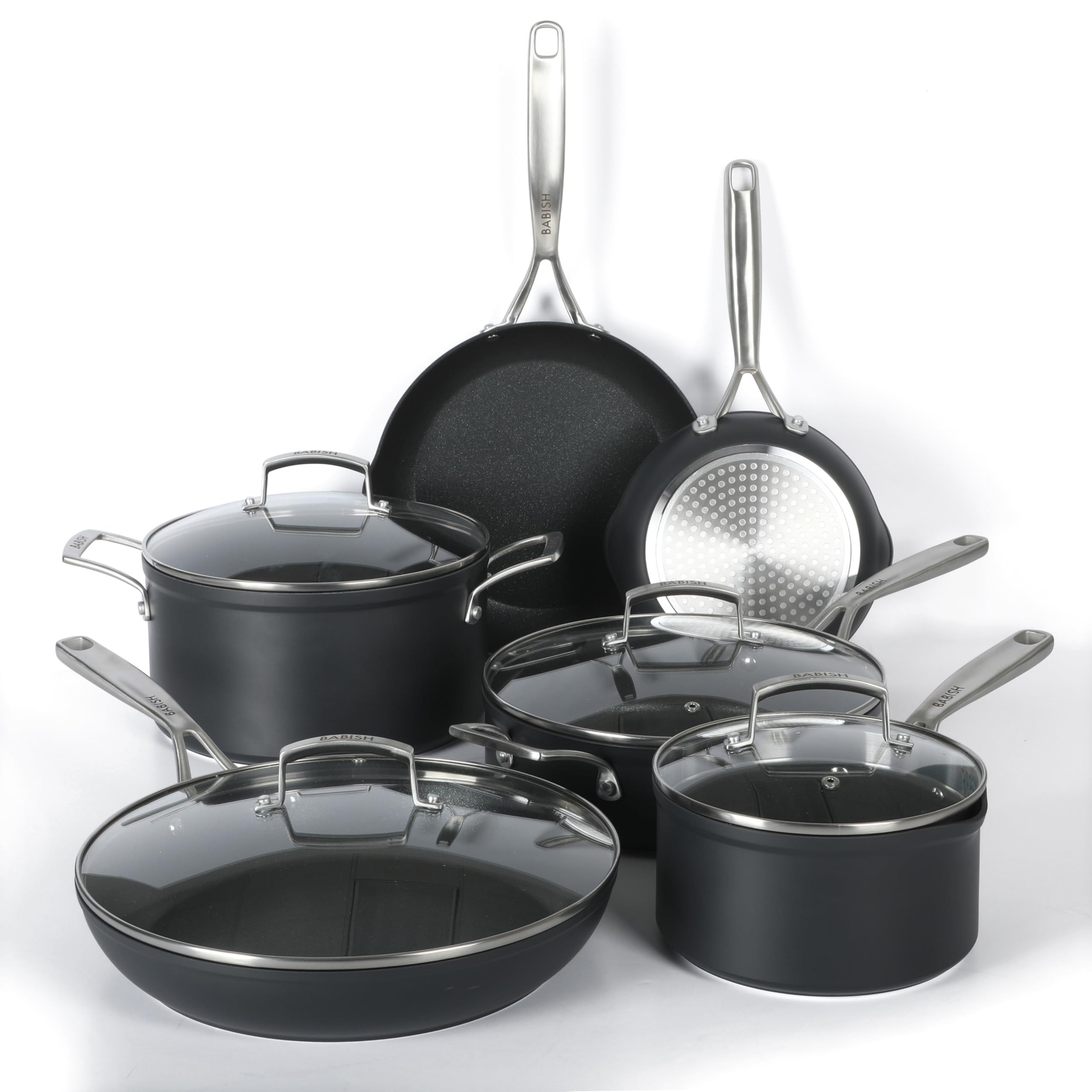 Babish 10 Piece Hard Anodized Laser Titanium Forever Non Stick Technology Durable Pots and Pans Cookware Set - Black