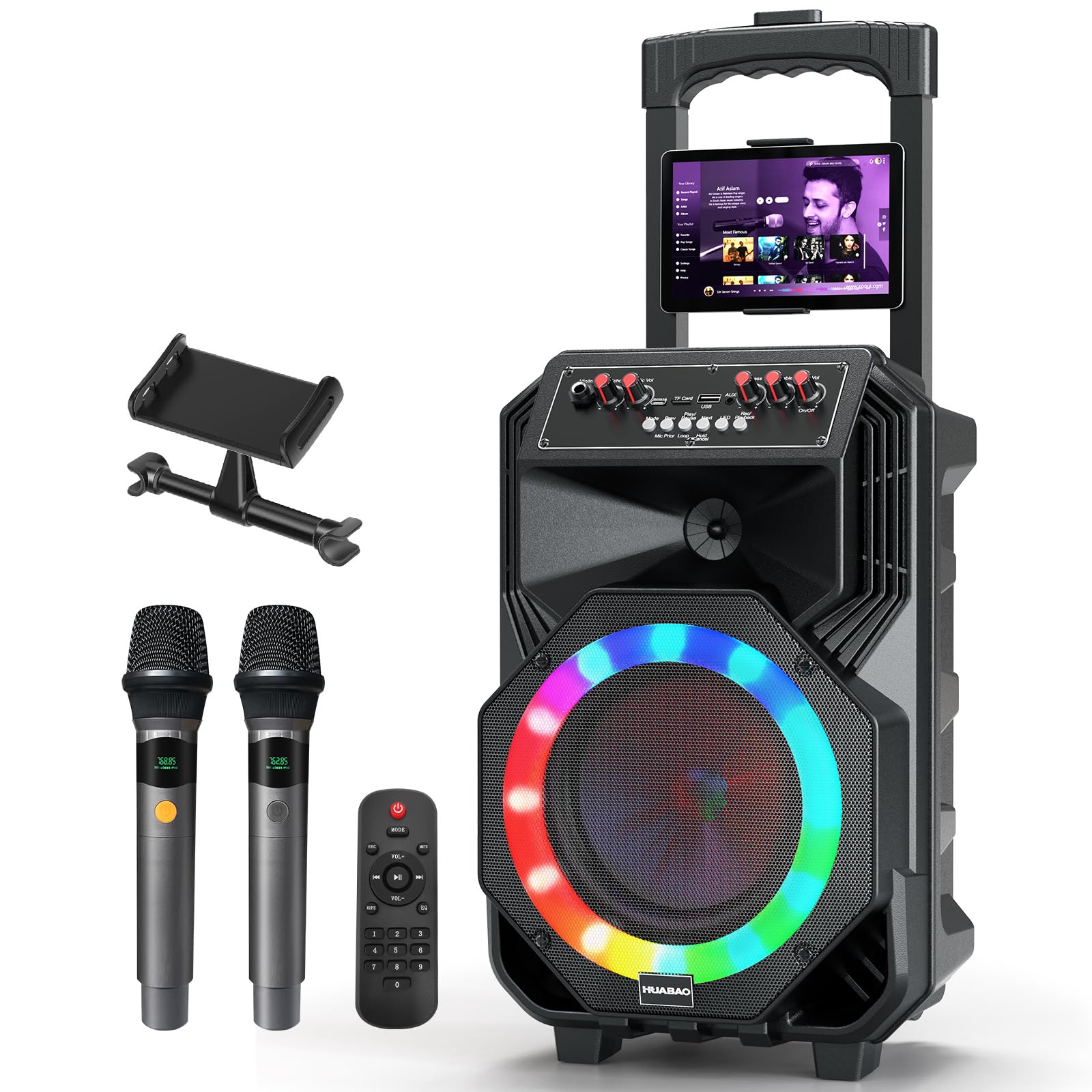 Karaoke Machine with 2 Wireless Microphones, Rolling Wheels, and Trolley – 8800mAh Portable Bluetooth Speaker, PA System with Lights, Adjustable Bass/Treble/Echo for Parties, Indoor and Outdoor Use