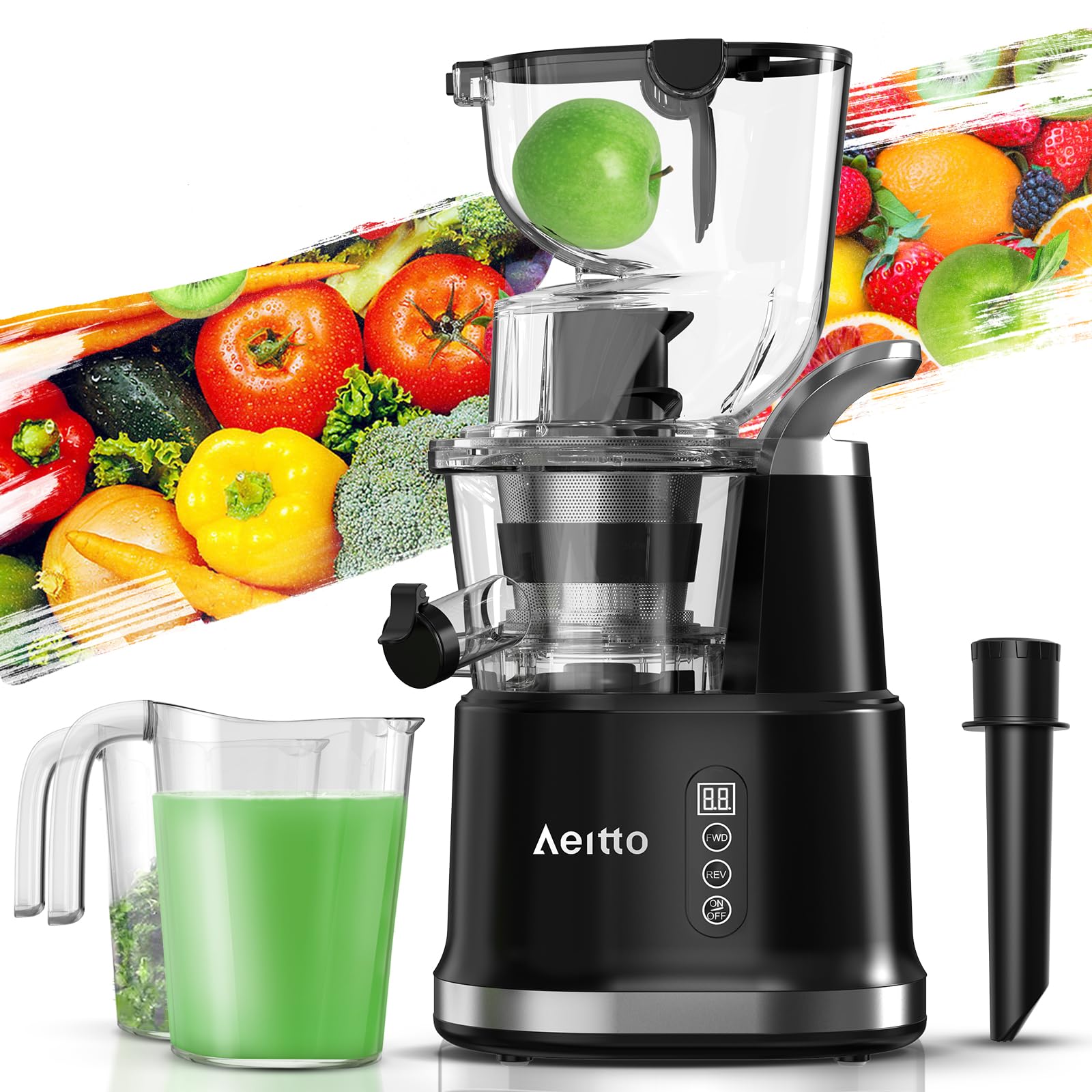 Aeitto Cold Press Juicer, Juicer Machines with Large Feed Chute, Large Capacity, Slow Masticating Juicer for Fruits and Vegetables, Self Feeding for Juice Extractor,BPA-Free, Black