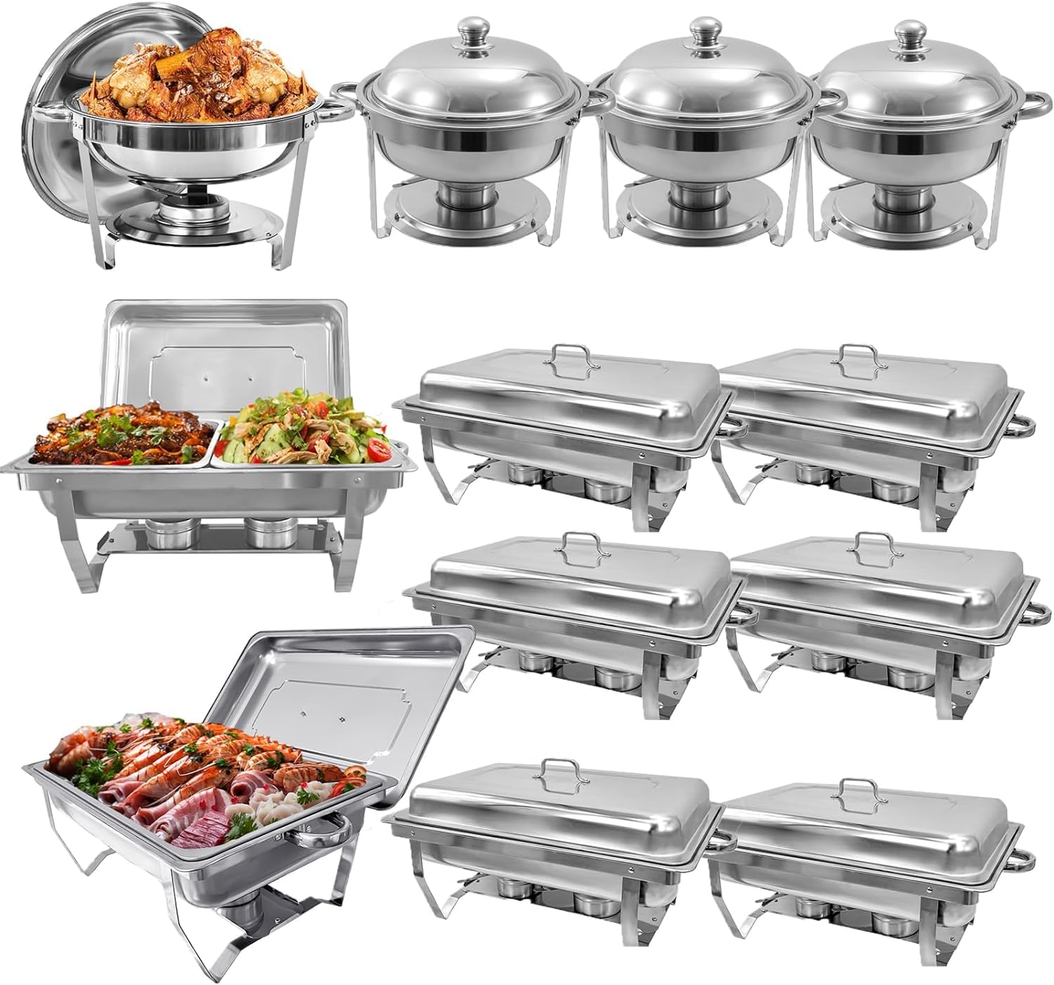 EVGTTI Chafing Dish Buffet Set 12 Pack, Buffet Servers and Food Warmers Chafing Servers for Parties Catering Wedding (4 Packs 6QT Round+4 Packs 8QT 1/2 Size Retangular+4 Packs 8QT 1/1 Size Retangular)