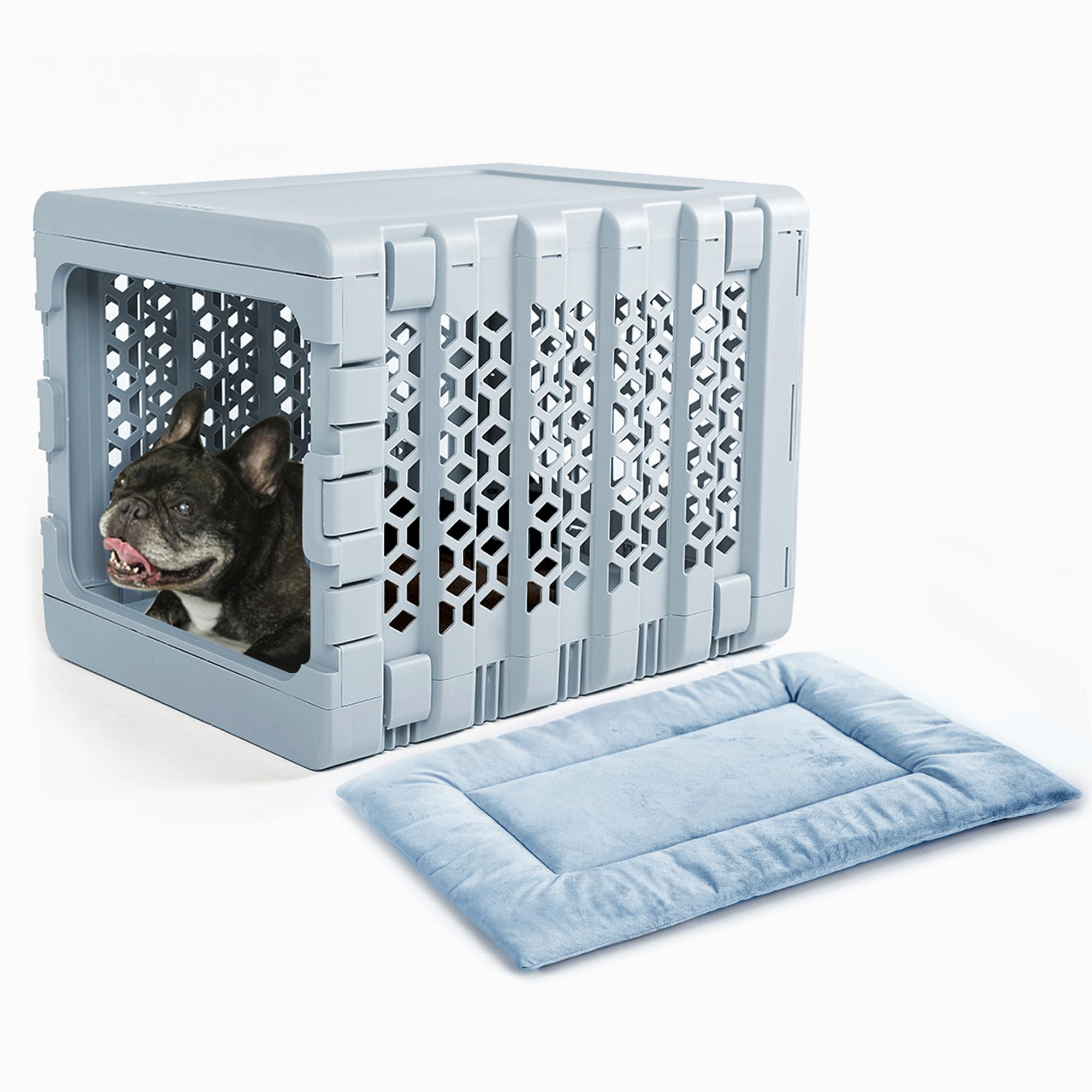 KindTail PAWD Collapsible Dog Crate + Washable Dog Bed - Stylish Pet Crate with Comfortable PAWD Pad - Safe Indoor Puppy or Dog Kennel Set - Lightweight, Compact & Portable for Travel - Medium Blue