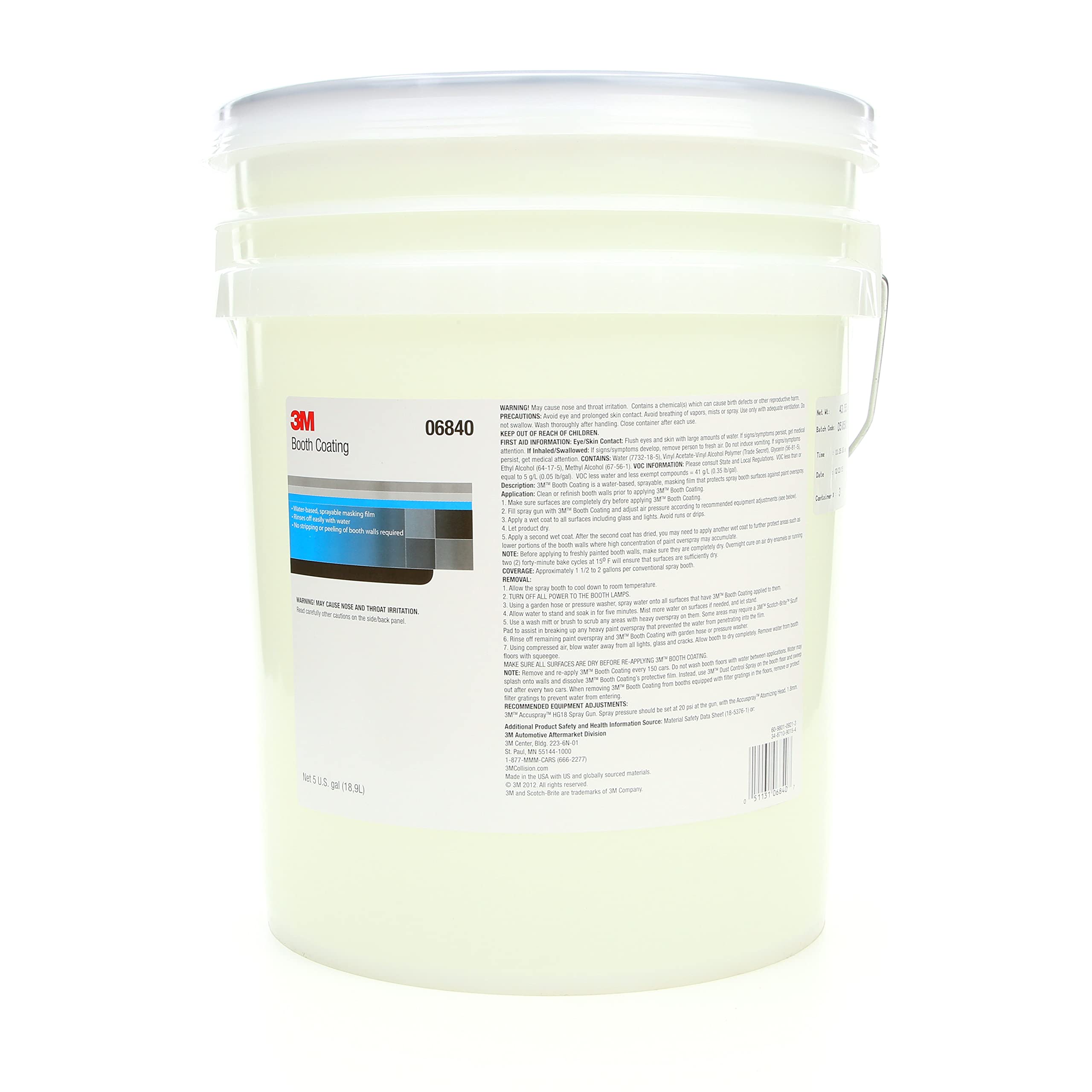 3M Booth Coating, 06840, 5 gal, Water-Based Solution, Used for Protecting Paint Booth Walls from Paint Overspray