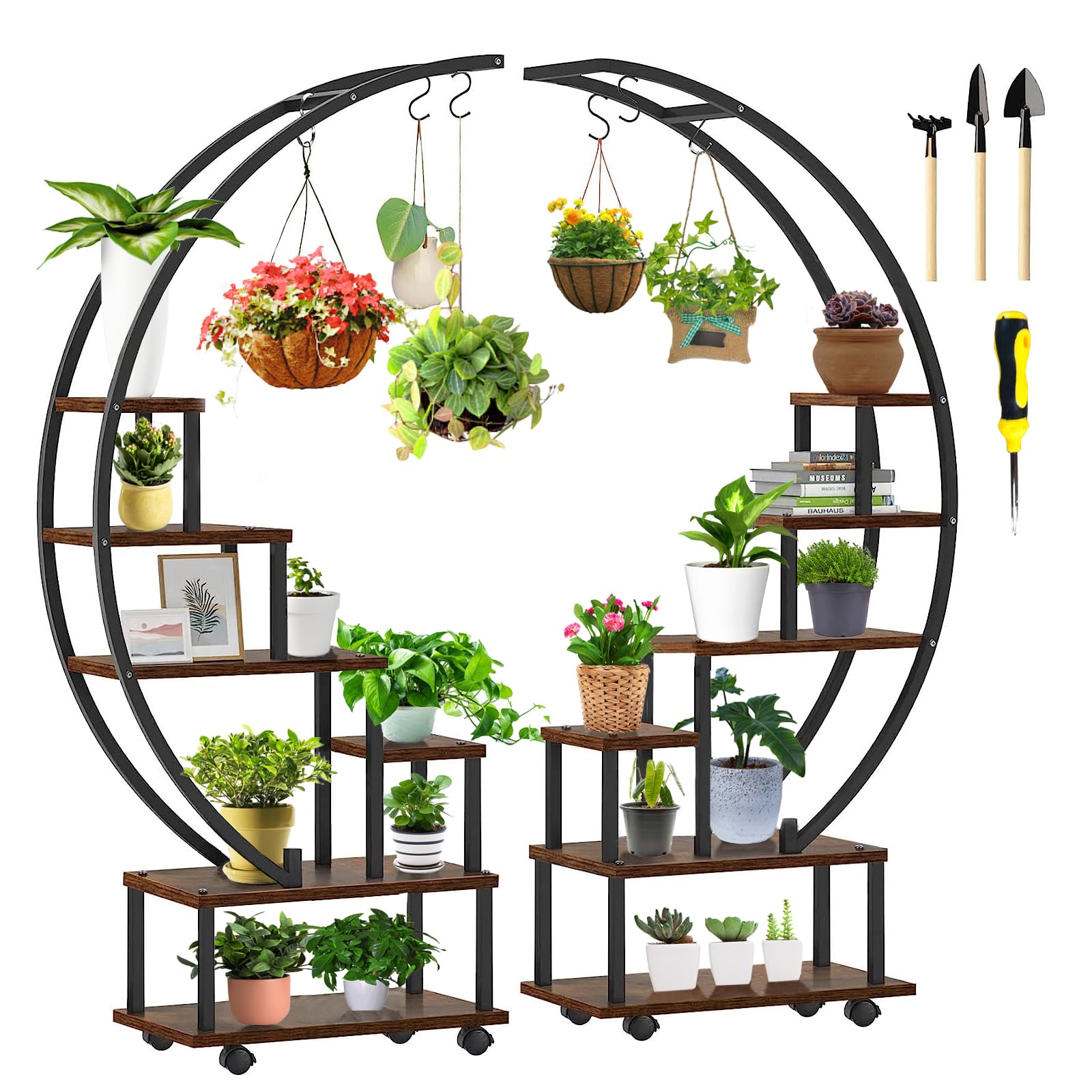 homegroove 2 pcs 6 Tier Tall Metal Plant Stand Indoor, Half Moon Shape Large Plant Shelf with Detachable Wheels, Curved Ladder Flower Pot Stand Rack for Home Patio Lawn Garden Balcony Round-Brown