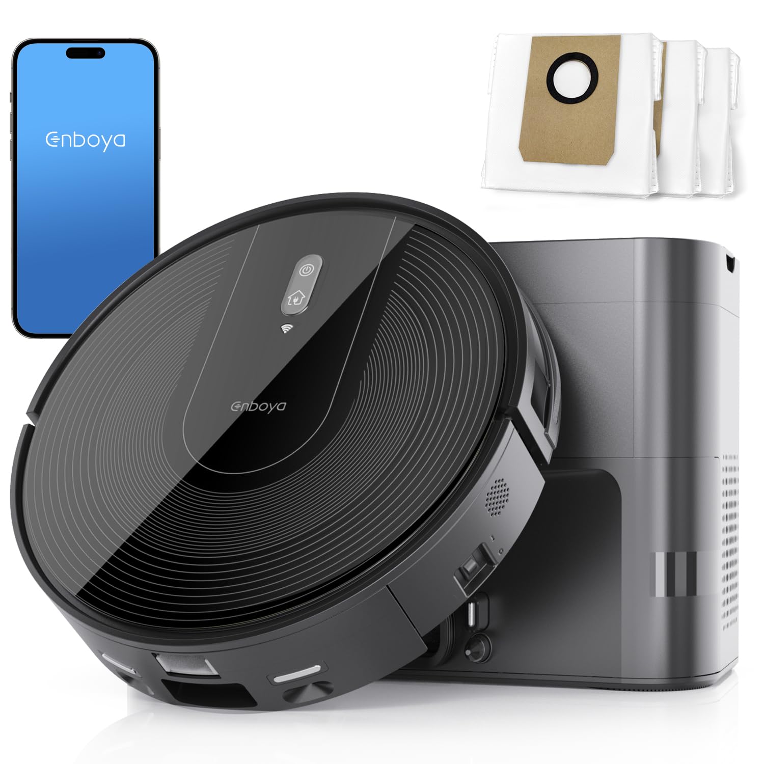 Enboya Robot Vacuum Powerful Suction: Robot Vacuum Cleaner with Self-Empty Base Storing up to 85 Days of Dust - Wi-Fi/App/Alexa Control - Robotic Vacuum Ideal for Hard Floors, Pet Hair (Black)