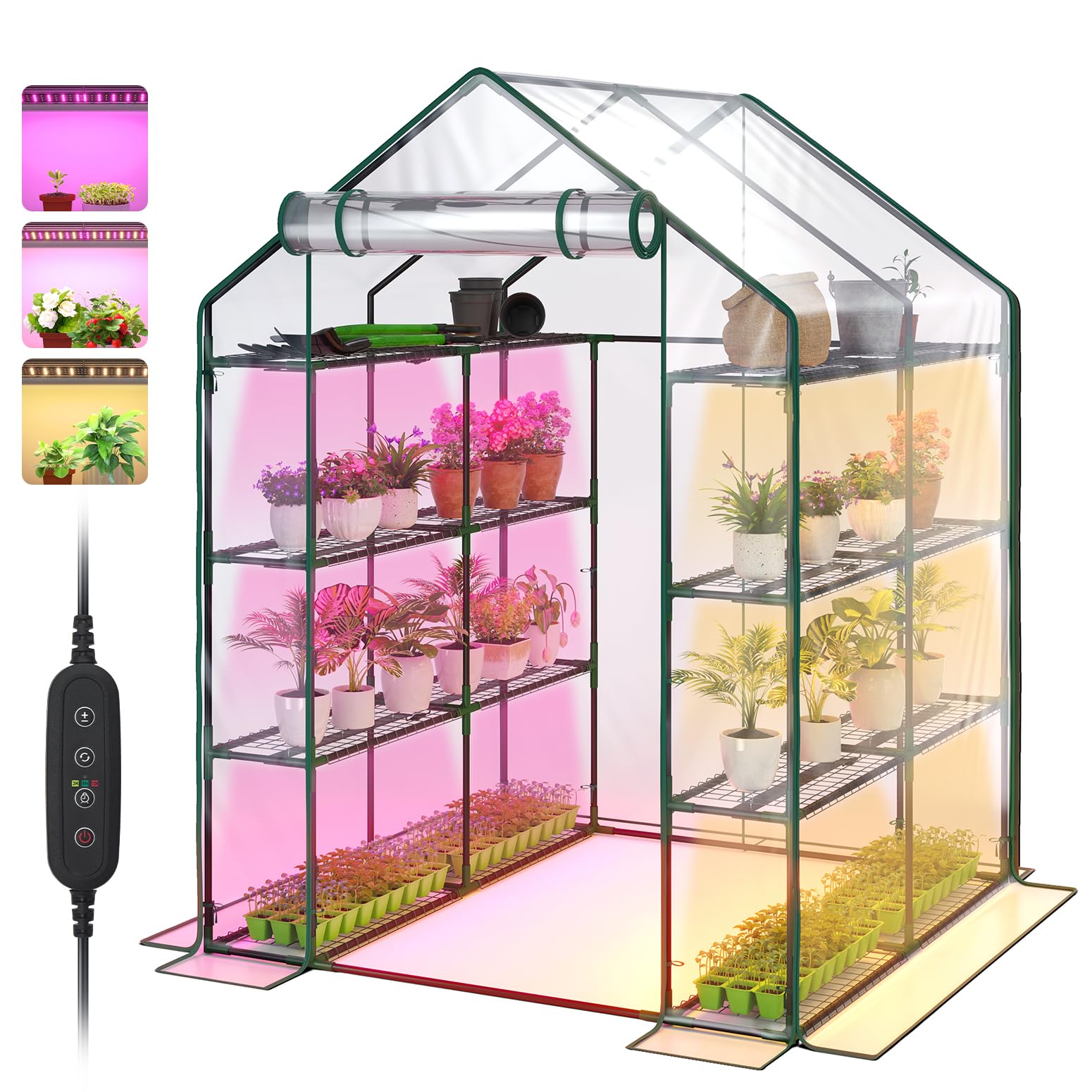 Bstrip Walk In Greenhouse, Indoor Greenhouse with Grow Lights, Mini Indoor Greenhouse with Roll-Up Zipper Entry Door and PVC Cover, Dimmable 2FT 120W Plant Light with Timer (56.3"W X 56.3"L X 76.8"H )
