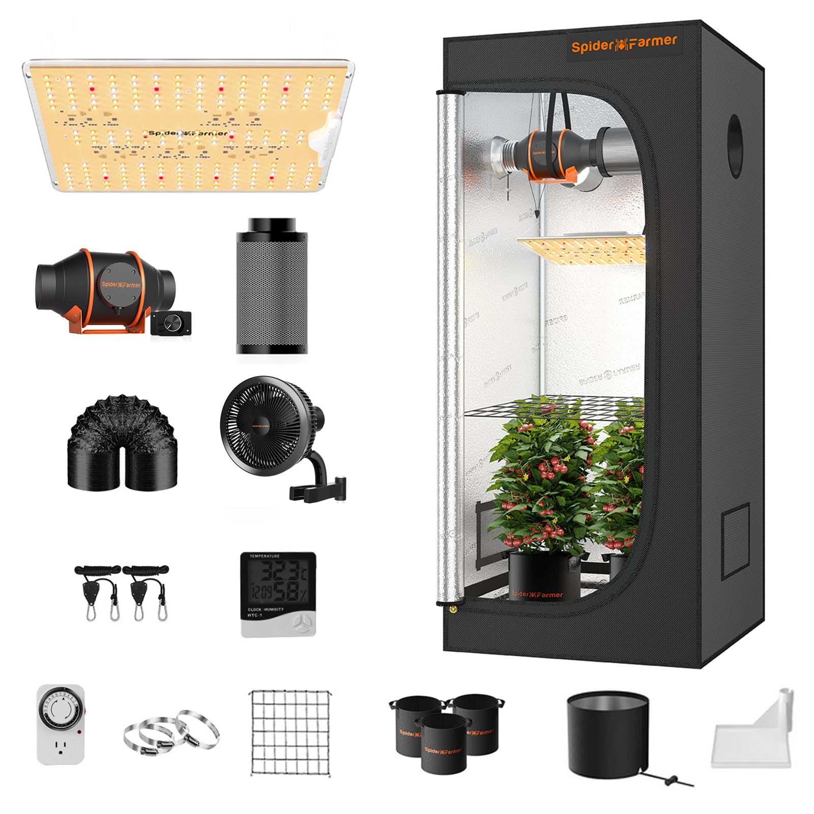 Spider Farmer Grow Tent Kit 2x2x5ft Complete System, SF1000D Samsung Diodes Full Spectrum LED Grow Light 24"X24"X55" Indoor 1680D Mylar Tent with 4" Ventilation System & 6'' Clip Fan
