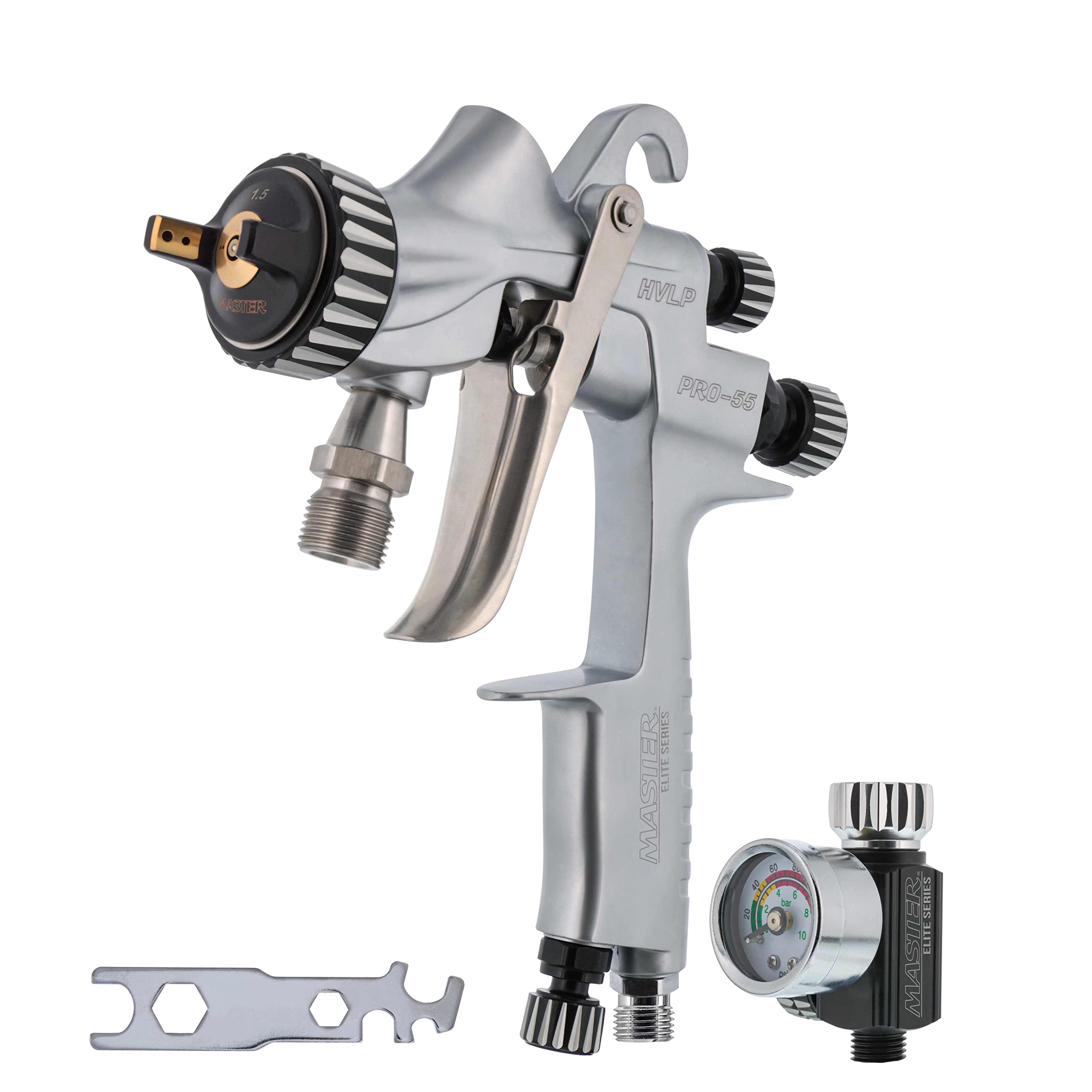 Master Elite High-Performance PRO-55 Series HVLP Pressure Feed Spray Gun with 1.5mm Tip - Ideal for Automotive Basecoats, Clearcoats, Primers, Industrial & Woodworking Coatings - Superior Atomization