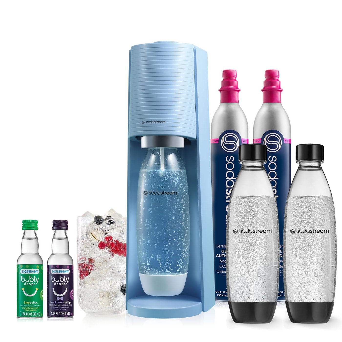 SodaStream - Terra Sparkling Water Maker | VALUE BUNDLE | CQC CO2 system | Includes 2x CO2 Cylinders, 3x 32 Fl Oz Dishwasher Safe Bottles, 2x Bubly Flavor Drops | Combine with Flavors | Misty Blue