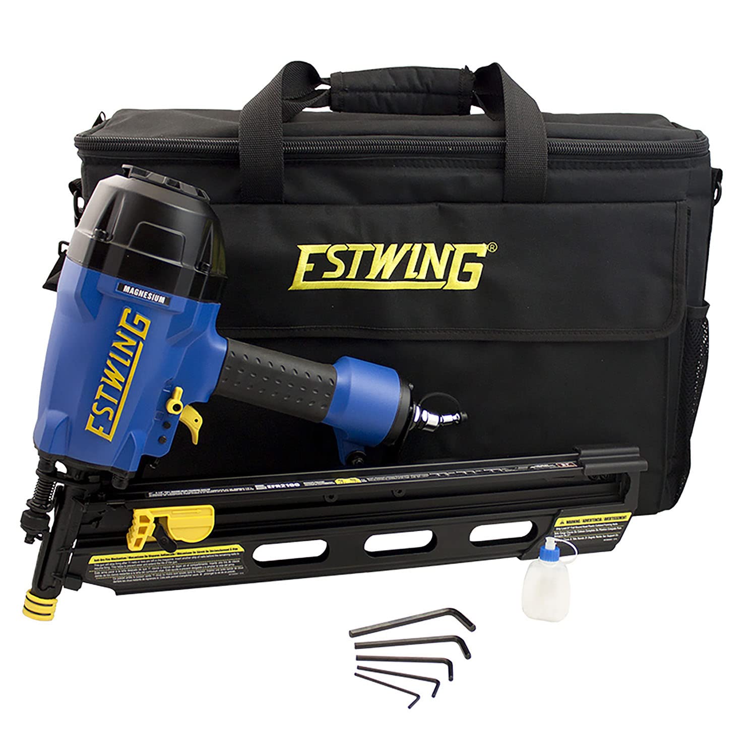 Estwing Pneumatic 21 Degree Framing Nailer | 2” - 3-1/2” Nails | Lightweight Magnesium Body, Depth Adjust, Dual Trigger | Includes Belt Hook, Swivel Fitting & Bag | EFR2190
