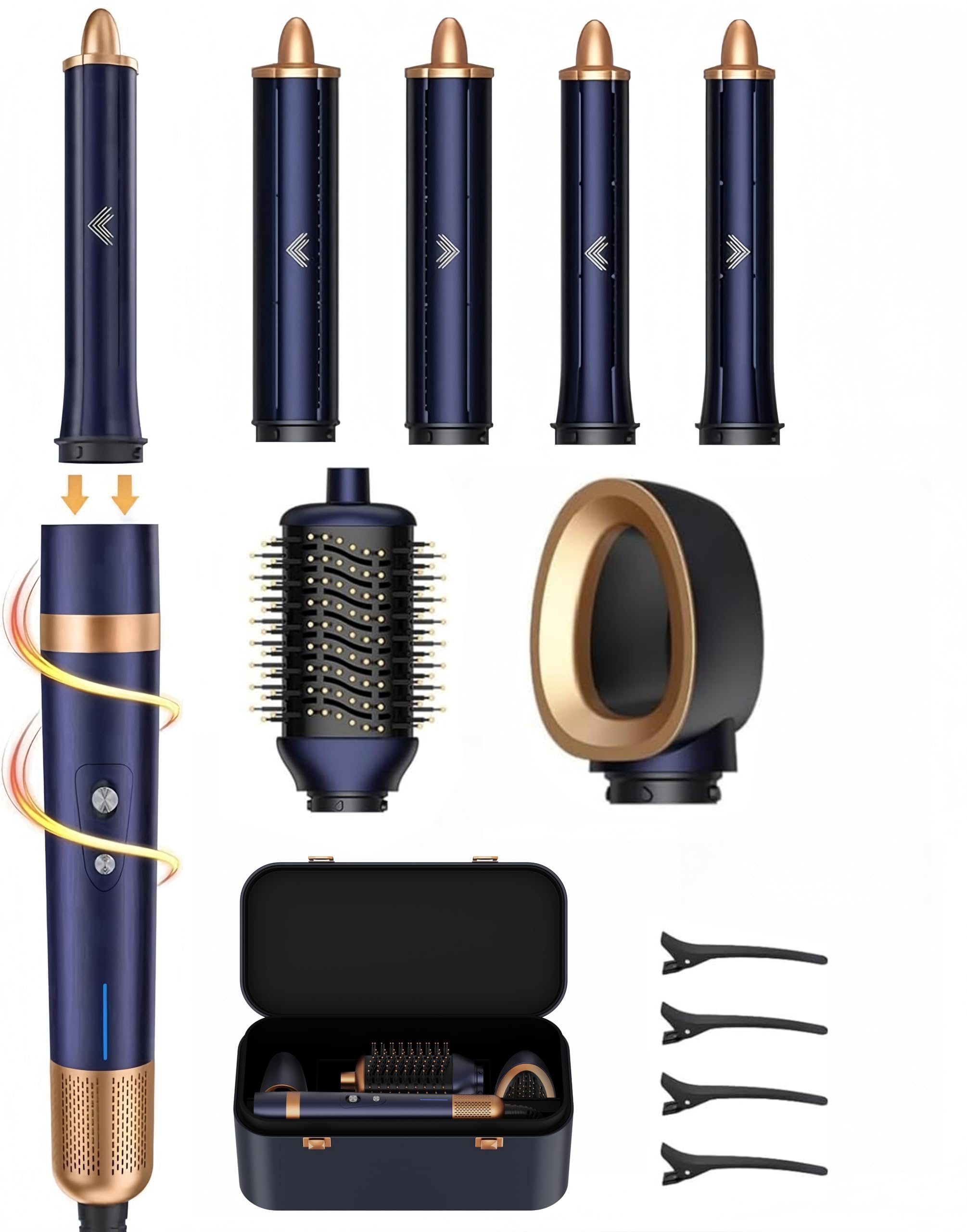 T-GOGO Hair Dryer Brush Professional: 6 in 1 Hot Air Hair Styler & Dryer Set, Powerful Hair Air Curling Iron High-Speed Negative Ionic Blow Dryer, Auto-Wrap, No Heat Damage (Dark Blue)