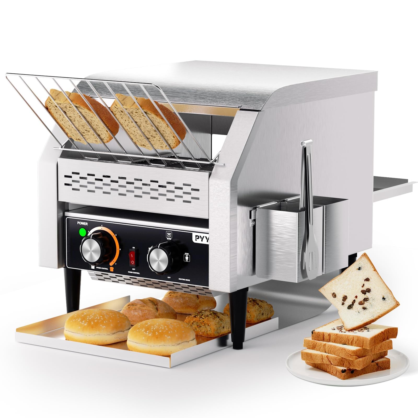PYY Commercial Conveyor Toaster - 300 Slices/Hour Restaurant Toaster for Bun Bagel Bread, Heavy Duty Stainless Steel Conveyor Toaster, 1900W, 110V