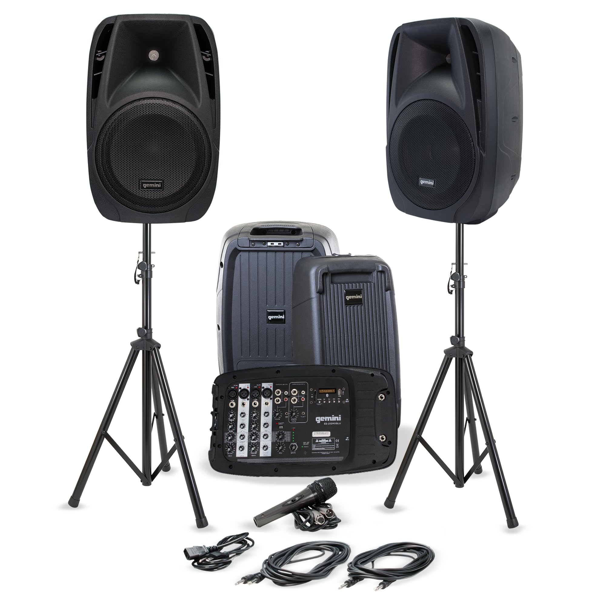 Professional PA System with 8-Channel Mixer - Gemini Sound Portable Dual 10" Speakers, 600W Amp, Bluetooth, USB/SD, Includes 2 Speaker Stands, Mic, and Durable Design for DJs, Musicians, and Events