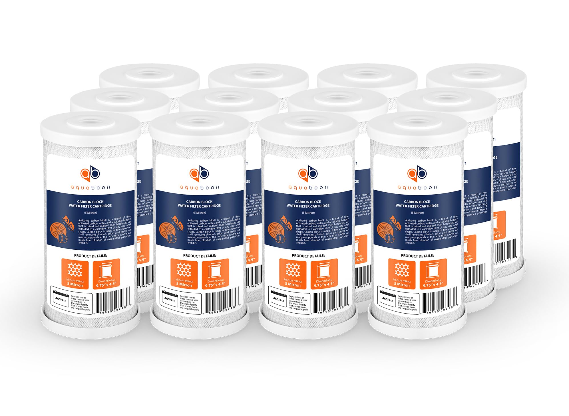 Aquaboon 5 Micron 10x4.5 Carbon Block Water Filters Whole House CTO Water Filter Replacement Cartridge Compatible with FXHTC, CB-BB-10, EP-BB, 12-Pack