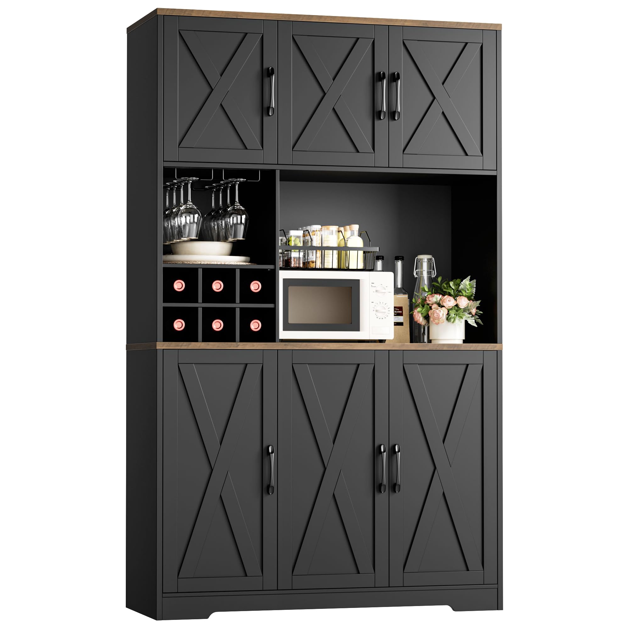 HOSTACK Kitchen Pantry Storage Cabinet, 71" Tall Food Pantry Cabinet with Microwave Stand, Farmhouse Kitchen Hutch, Coffee Bar Hutch with Wine Rack for Dining Room, Living Room, Black