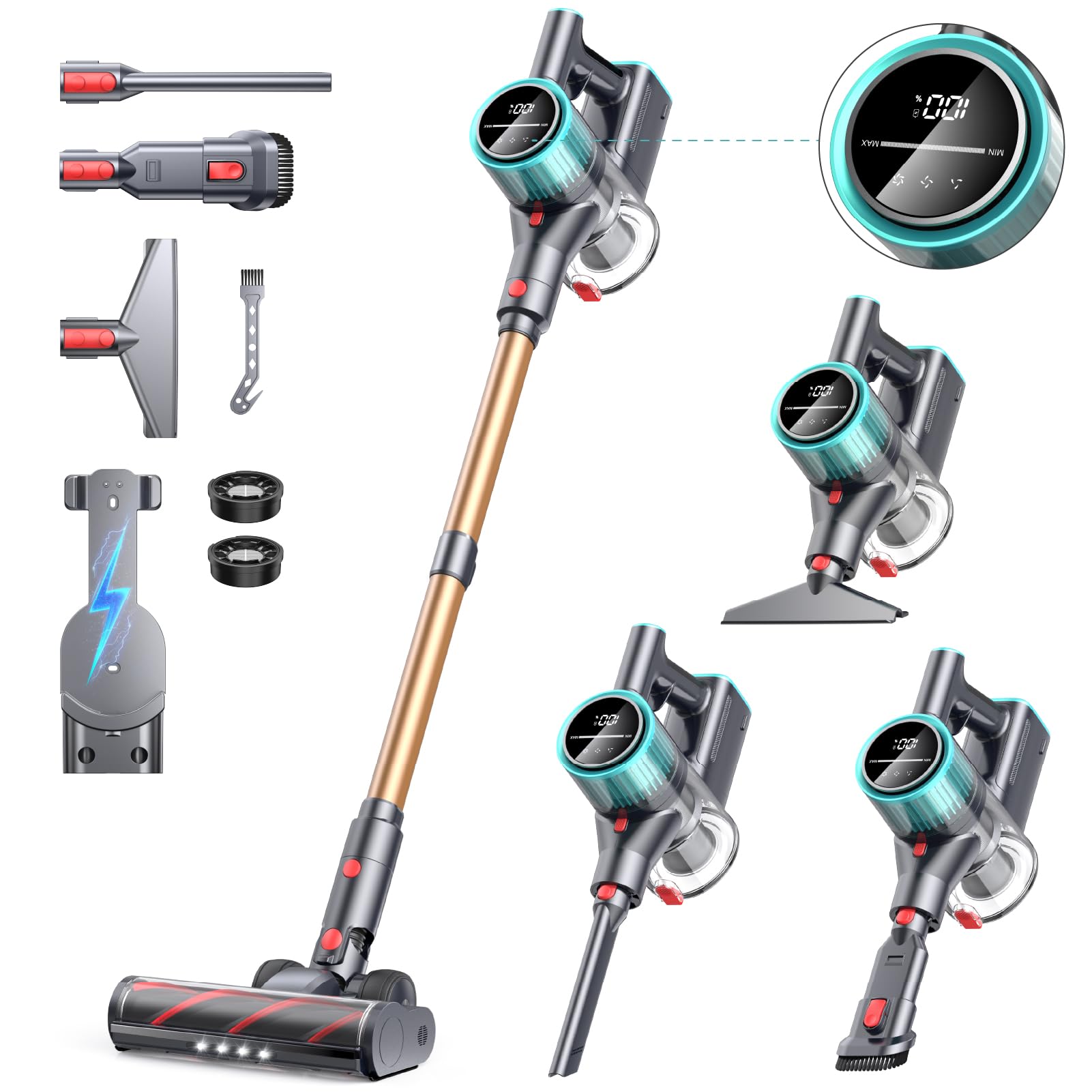 Cordless Vacuum Cleaner, 45Kpa 550W Vacuum Cleaners for Home, 60 Mins Stick Vacuum Cordless Rechargeable, Self-Standing, Wall Mount Charging Household Vacuum Cleaner for Carpet Pet Hair Hardwood Floor