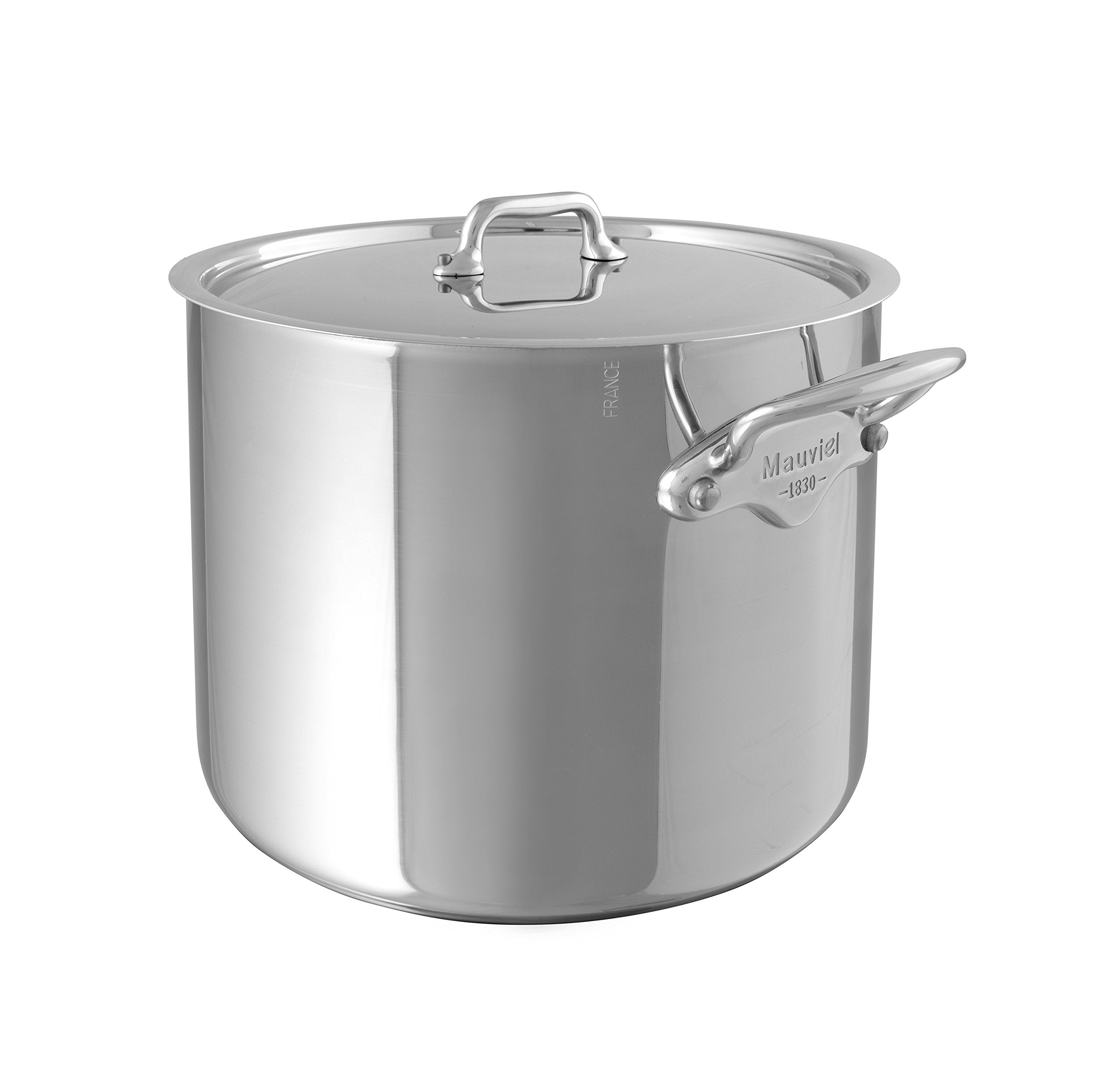 Mauviel M'Cook 5-Ply Polished Stainless Steel Stock Pot With Lid, And Cast Stainless Steel Handles, 9.7-qt, Made In France