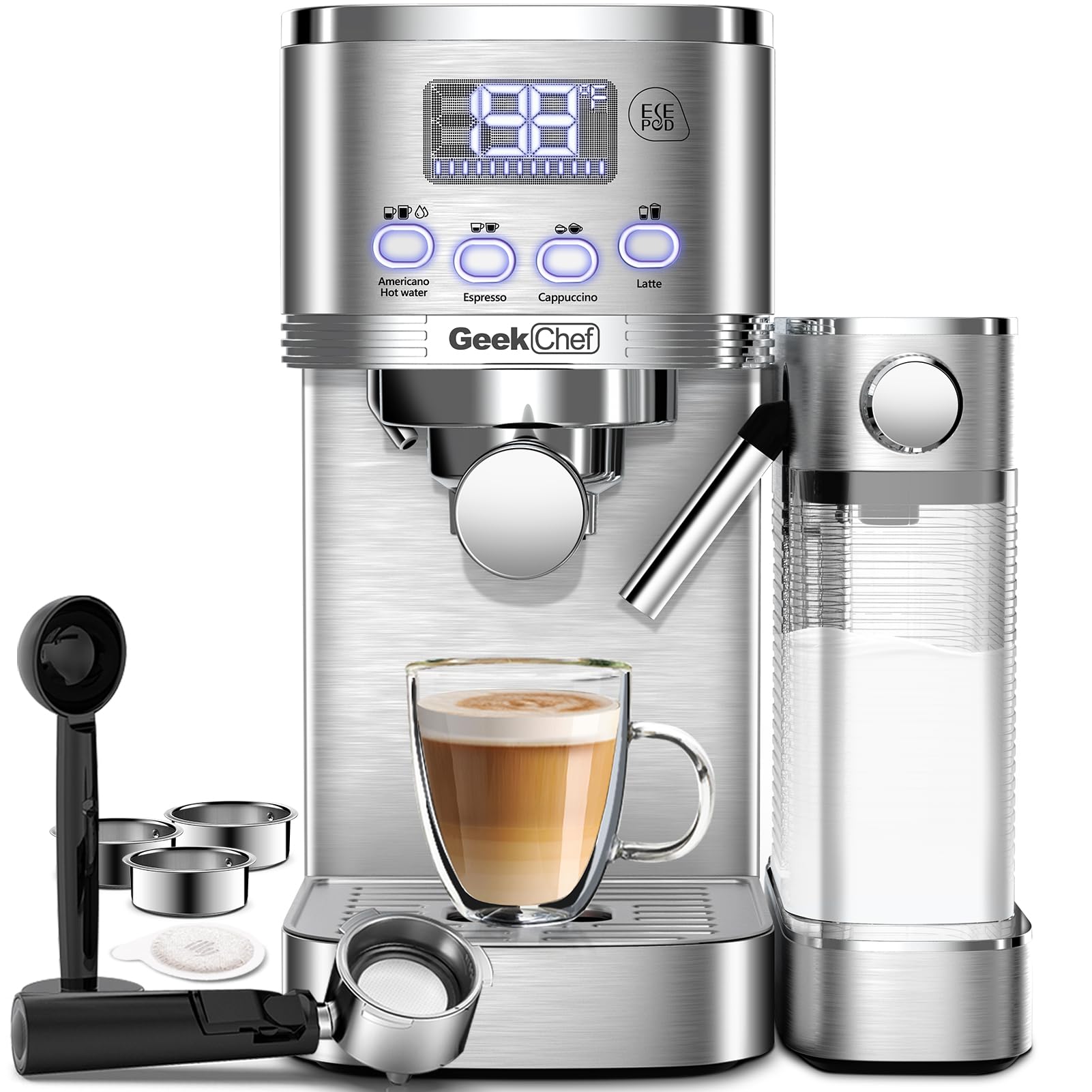 Geek Chef Espresso and Cappuccino Machine with Automatic Milk Frother, Stainless Steel Espresso Coffee Machine with Removable Water Tank, Prefect Gift for Dad Mom