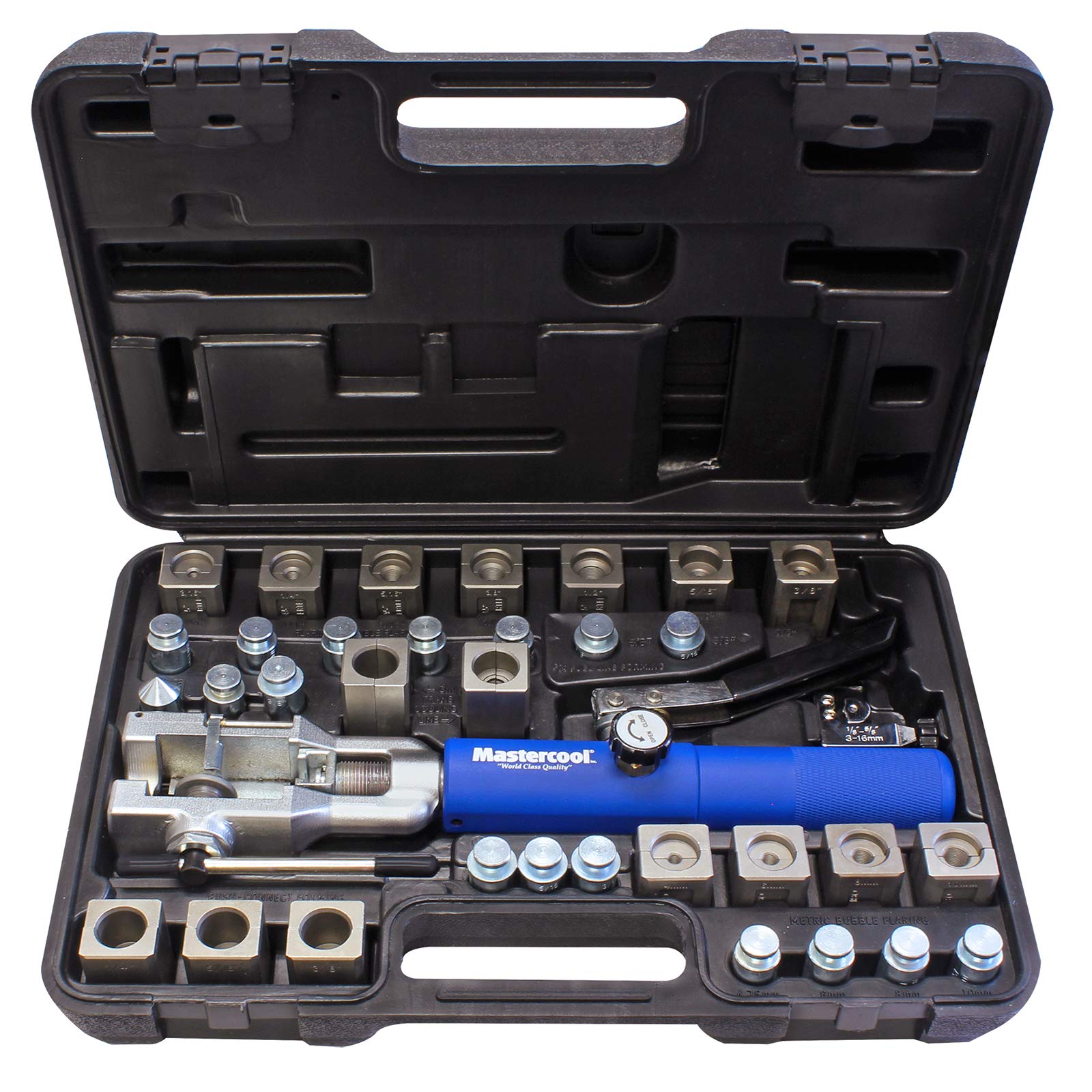 Mastercool 72485-PRC Universal Hydraulic Flaring Tool – 45° Double & Single Flares, Push Connect, GM Fuel Line, Brake Line & GM Transmission Cooling – Includes Hydraulic Ram & Mini Tube Cutter