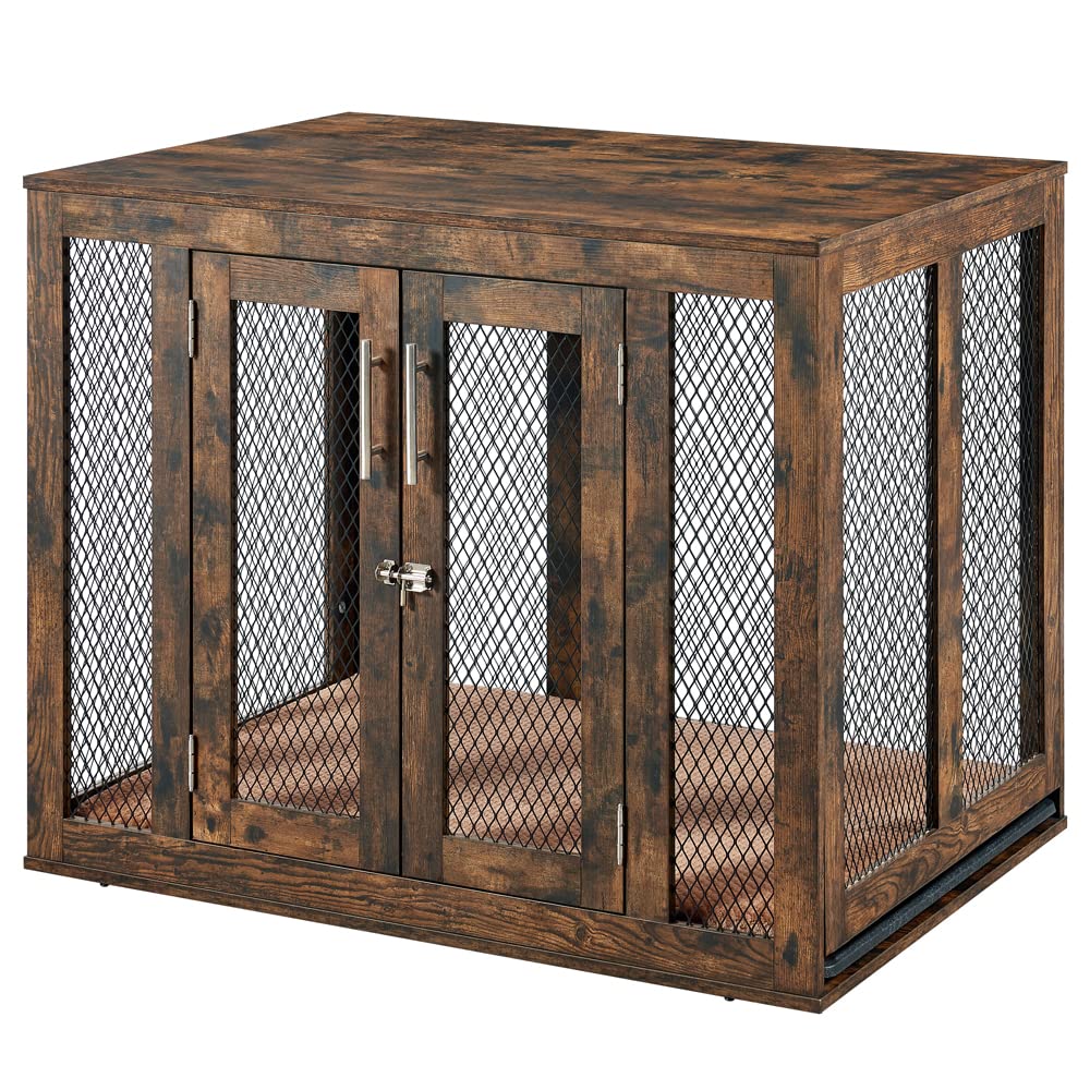 unipaws Large Dog Crate Furniture with Tray 38 inch, Wooden Kennel Pet House Dog Cage with Door, Modern Decorative Dog Crate End Side Table Nightstand, Rustic