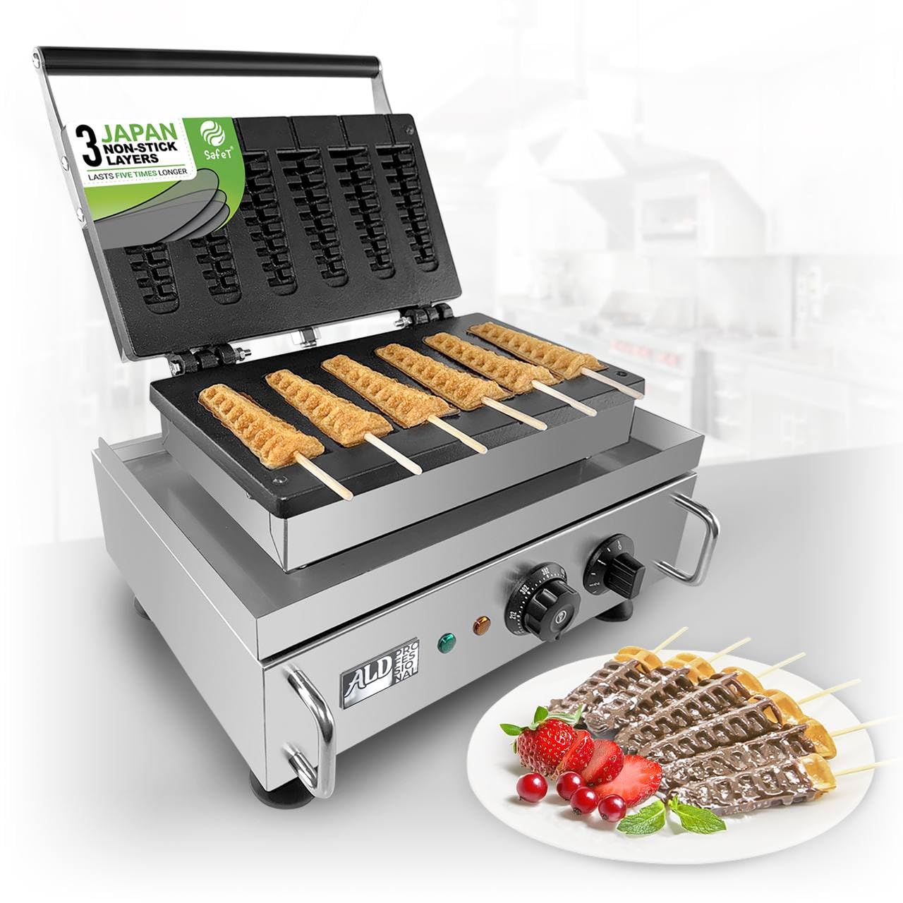 ALDKitchen Stick Waffle Maker | Christmas Tree-Shaped Waffles Machine | Stainless Steel | Nonstick Coating | 110V (6 Tree-Shaped Waffles)