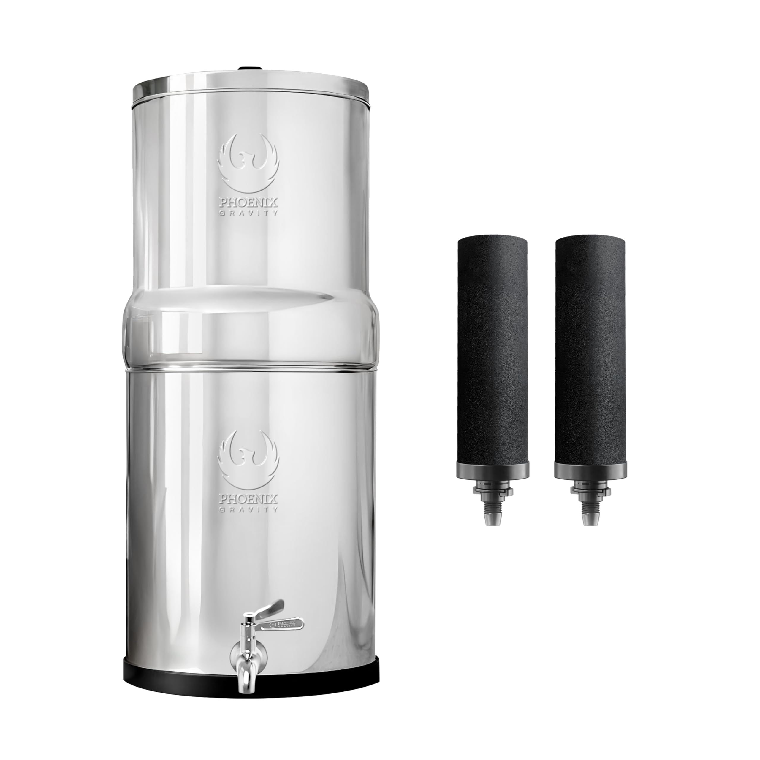 Phoenix Gravity-Fed 1.5 Gallon Stainless Steel Camping & Countertop Water Filter System with NSF Certified Black Phoenix Filter Elements and Stainless Steel Tap