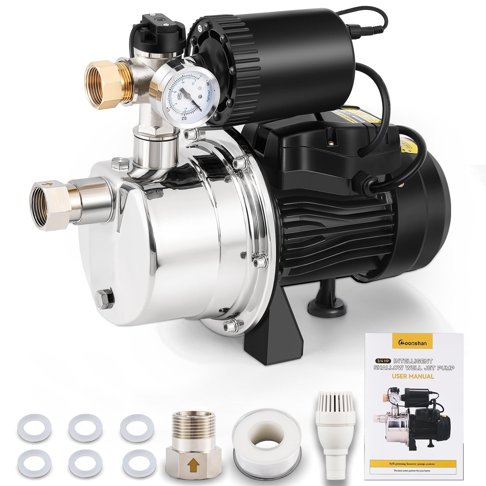 Moonshan 3/4 HP Water Pressure Booster Pump for Home 1050GPH Shallow Well Jet Pump with Pressure Tank Auto ON/OFF Stainless Steel Self-Priming System Pressure Switch for Whole House, Garden, Lawn