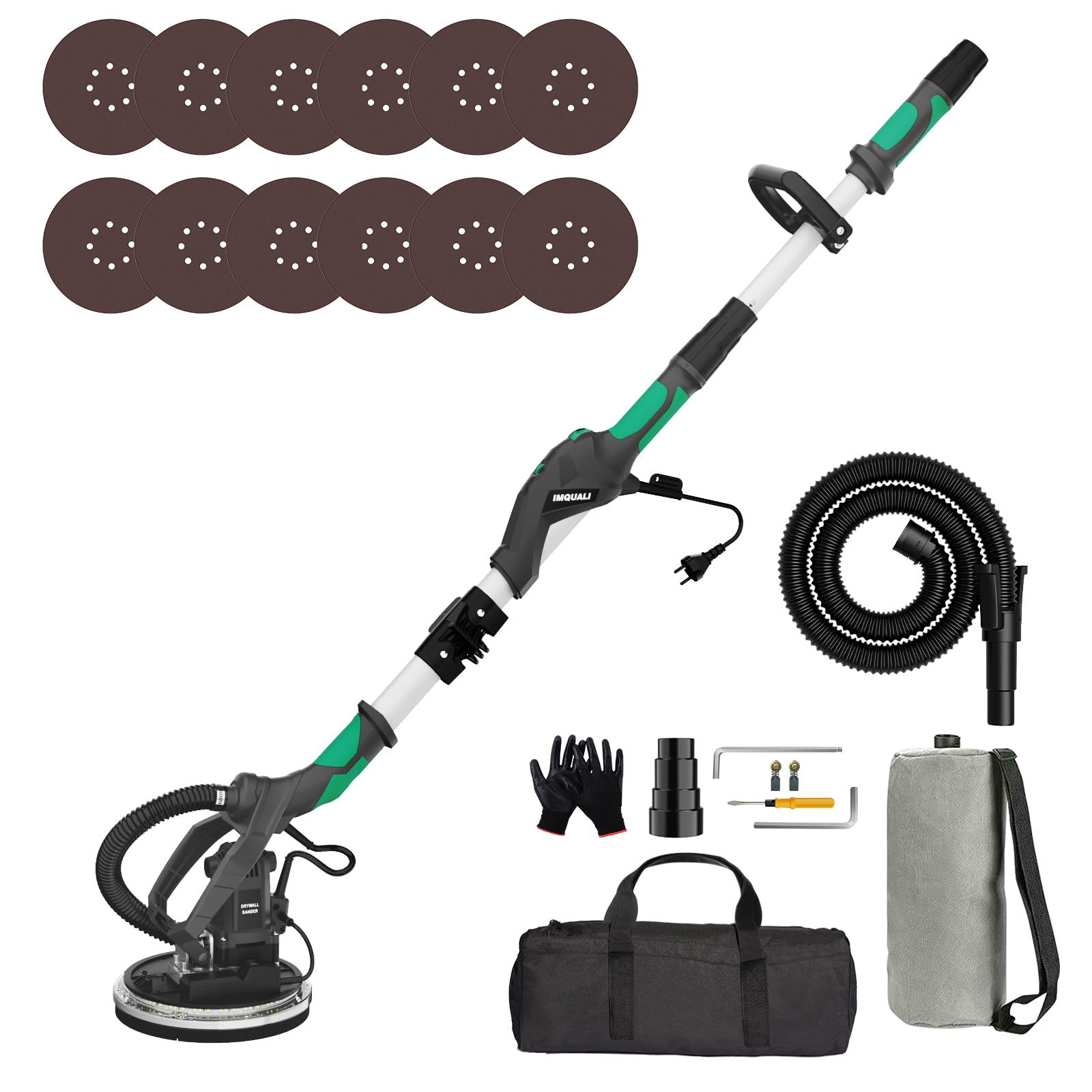 Electric Drywall Sander with Vacuum Dust Collector, IMQUALI® 9.5A 1050W Floor Sanders for Wood Floor with Variable Speed 600-2600RPM, Extendable Handle, LED Light, 12pcs Sanding Discs, Green, IM03