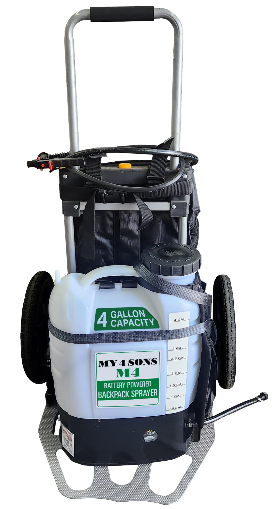 MY4SONS M4 4-Gallon Backpack Sprayer - Cordless Water Sprayer for Plants, Refillable Pressurized Sprayer, Adjustable Wand, Heavy Duty - Includes 15ft Extension Hose - 7-inch Wheels Cart w/Secure Strap