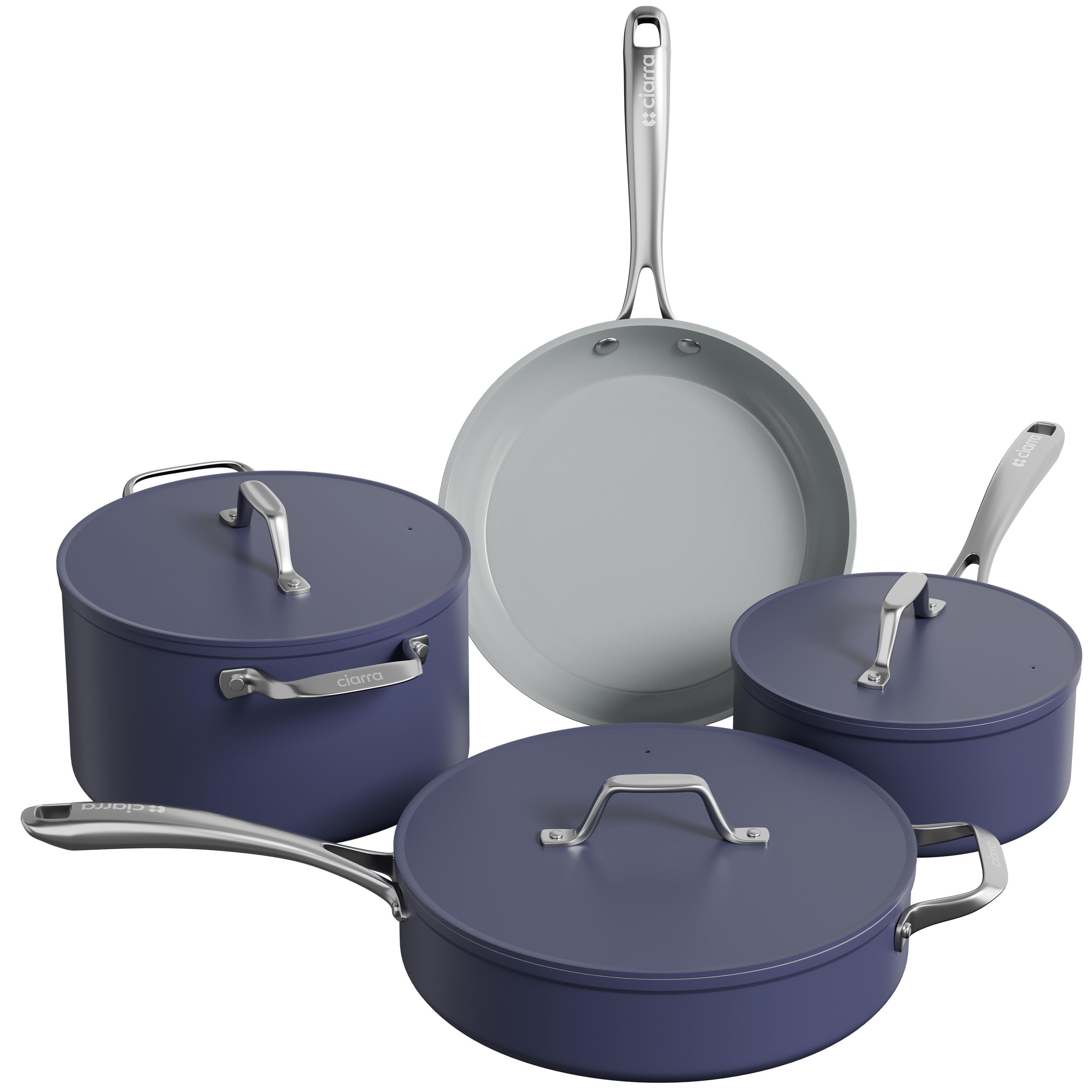 CIARRA Non Stick Cookware Set, Ceramic Pots and Pans Set with Lid, Non Toxic Cooking Set, PTFE & PFOA Free, Oven Safe & Compatible with All Stovetops, Blue
