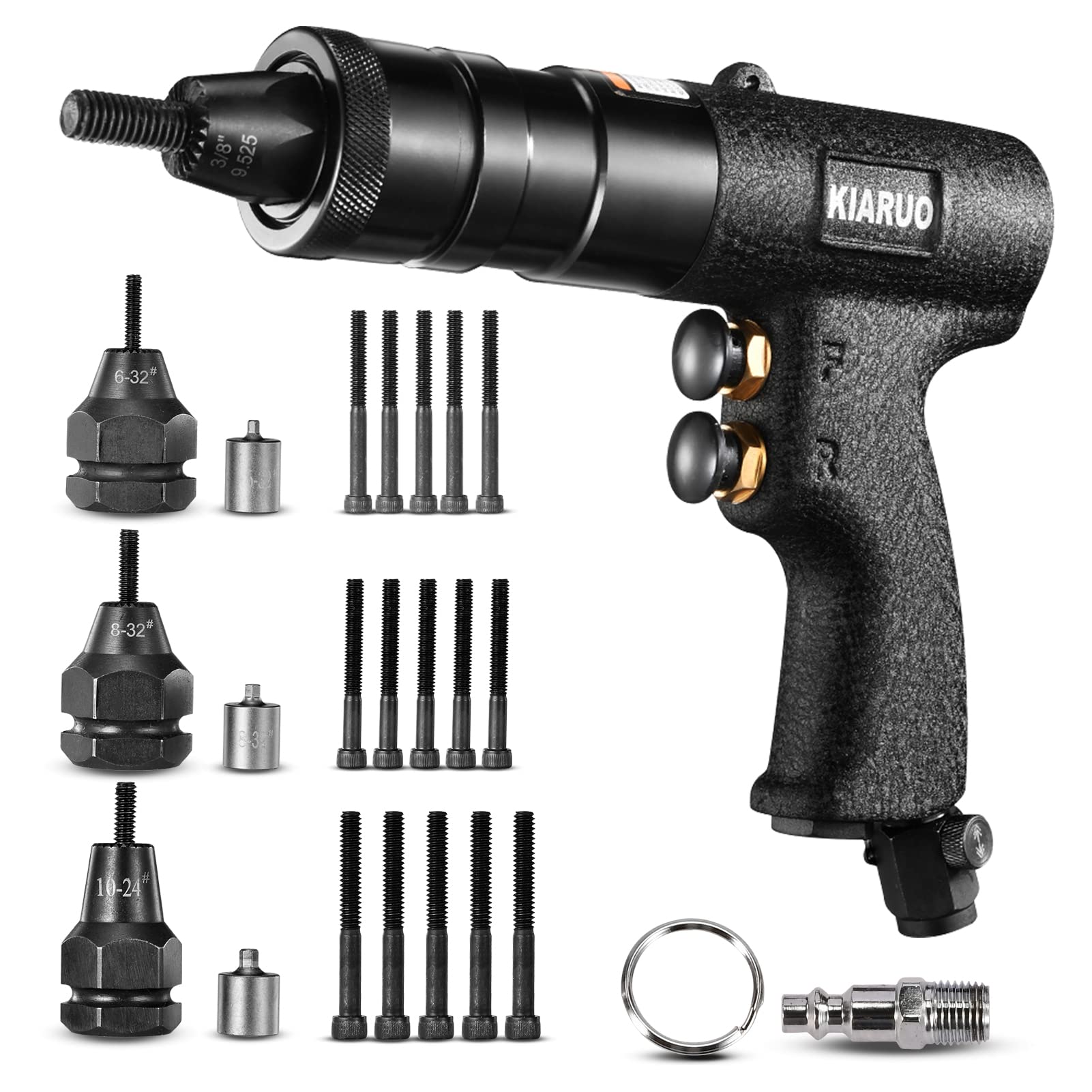 KIARUO Pneumatic Rivet Nut Gun 10-32,8-32,6-32 with Replacement Mandrels, RPM 3000 Industrial Grade Pull Rivnut Gun MODEI:LM09 Button Switch