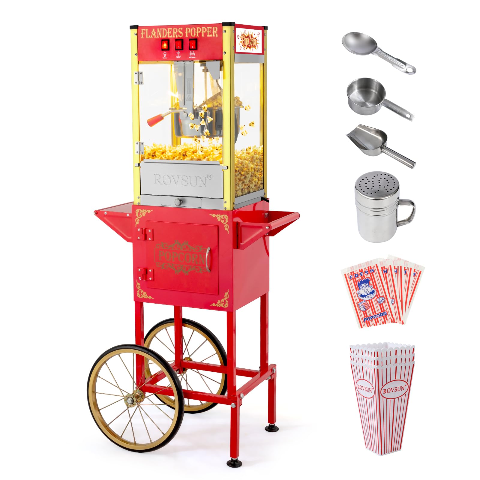 ROVSUN Popcorn Machine with Cart, Wheels & 8 Oz Kettle Makes Up to 32 Cups, Popcorn Maker with Stainless Steel Scoop, Oil Spoon & 3 Popcorn Cups for Commercial Home Movie Theater, Red
