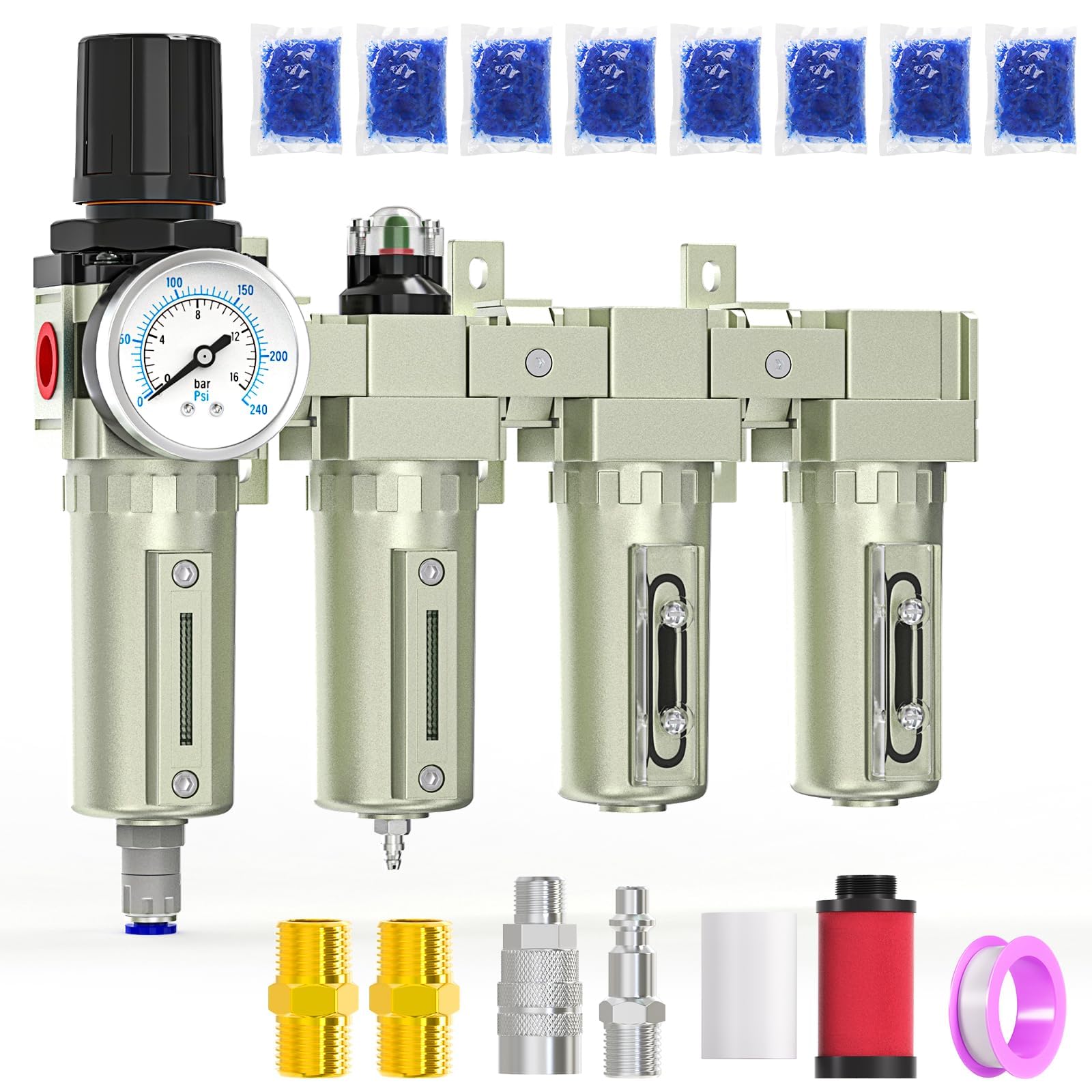 MEANLIN 1/2" NPT 4 Stage Heavy Duty Industrial Grade, Auto Drain Air Drying System, Coalescing Filter, Particulate Filter, Double Desiccant Dryer and Air Regulator For Plasma Cutter and Paint Spray