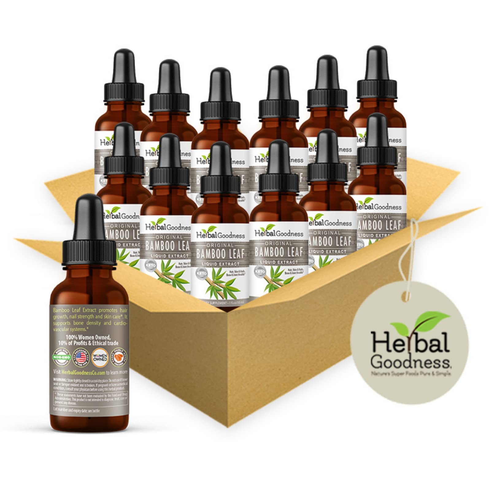 Bamboo Extract for Hair Growth - 70% Natural Silica - Vegan Collagen Superfood, Dietary Fiber for Hair, Skin, Nail & Joint Health -12(1oz) btls - Herbal Goodness