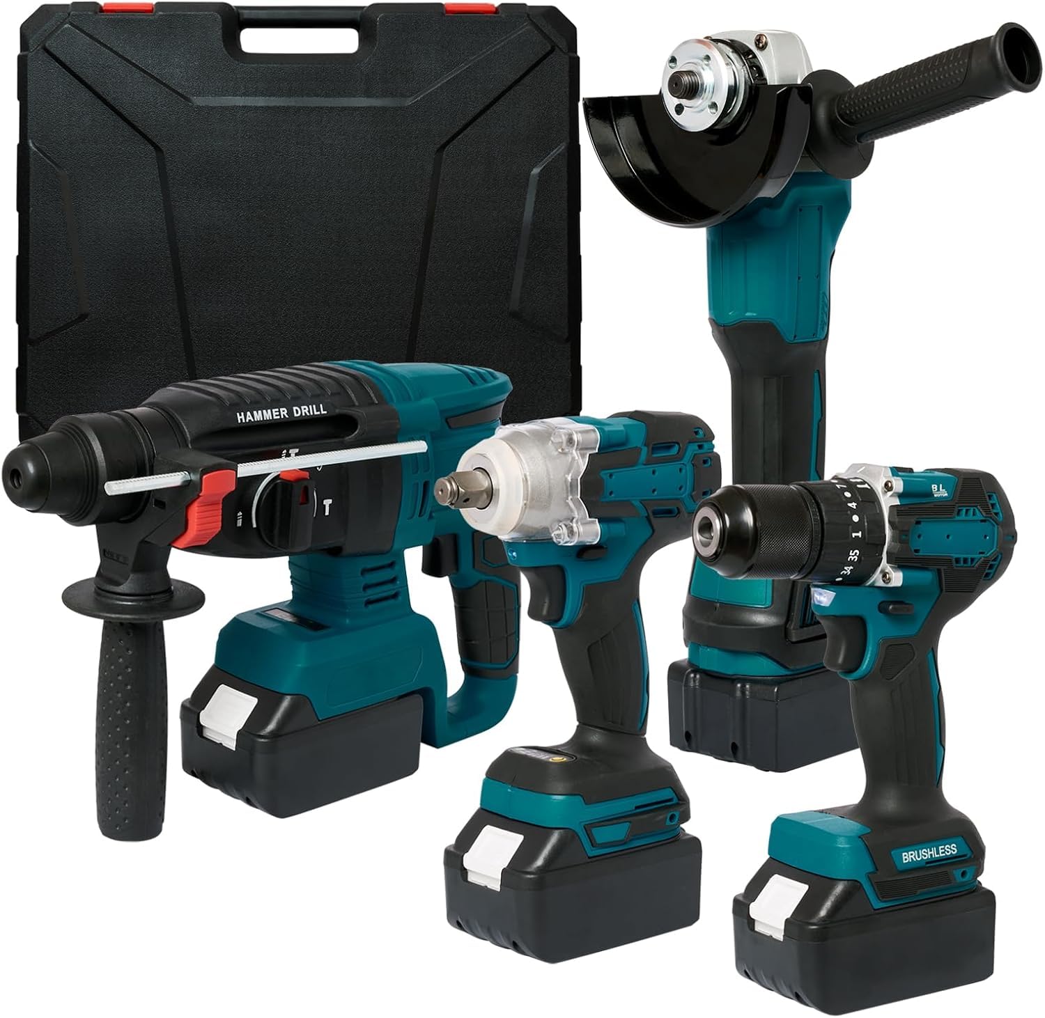 Velamnia 21V Power Tool Combo Kits 4 Pieces Electric Tools Brushless Machine Set Electric Hammer/Angle Grinder/Impact Wrench/Drill Supplied in 1 Large Carrying Case Electric Tools