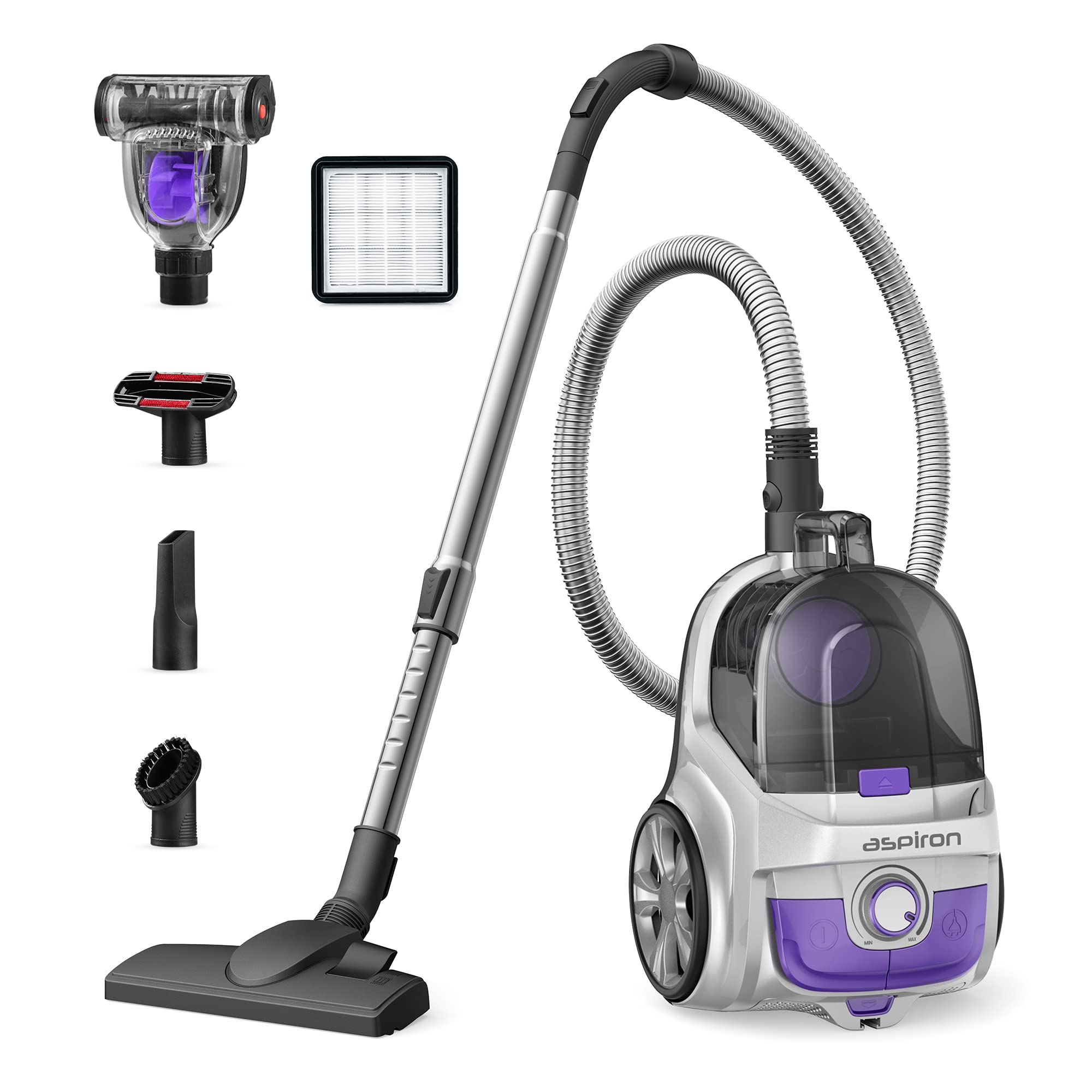 Aspiron Canister Vacuum Cleaner, 24Kpa Bagless Vacuum Cleaner, 3.7QT Large Dust Cup, Double HEPA Filter, Retractable Cord, 1200W Lightweight Vacuum with 5 Tools for Hard Floors, Grey