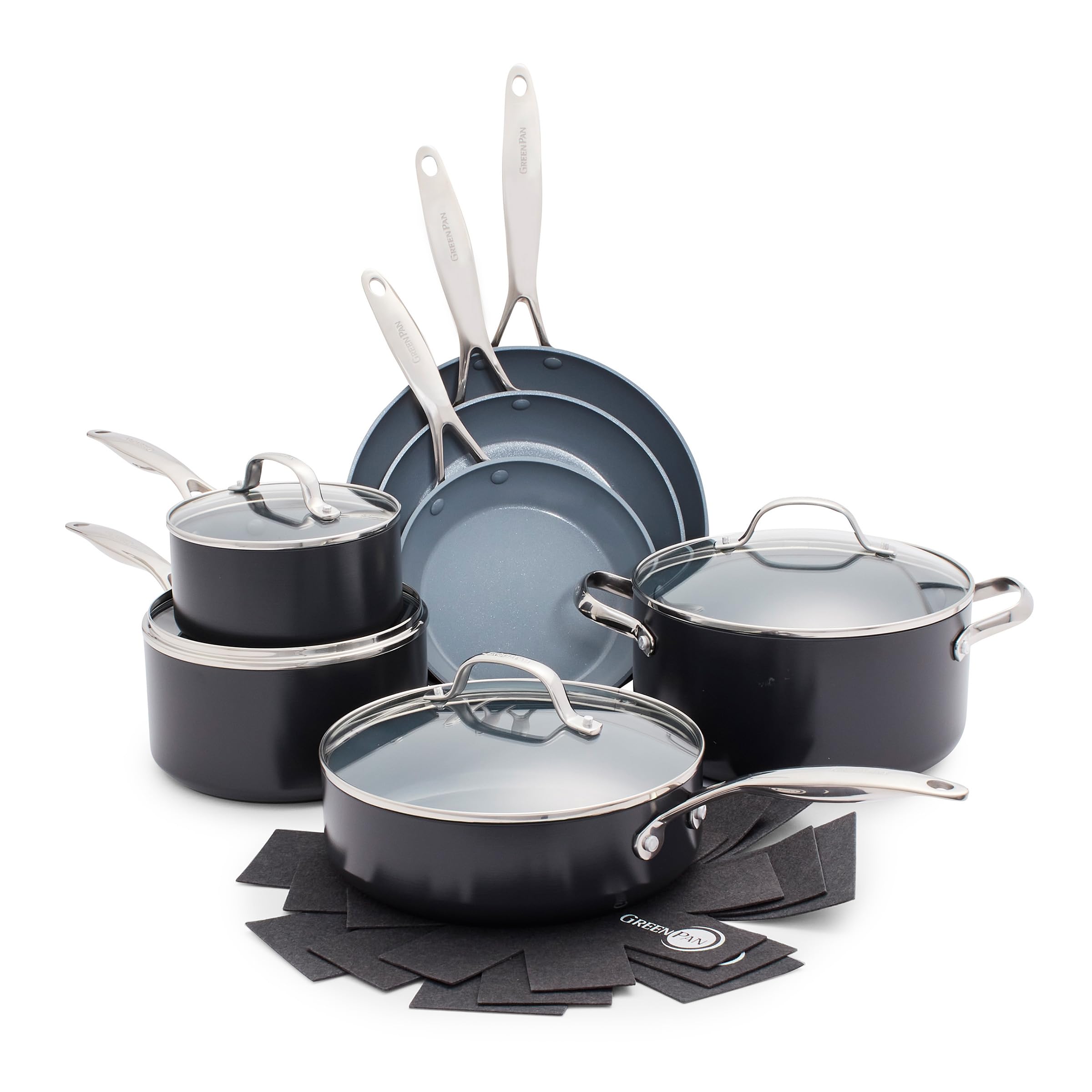 GreenPan Valencia Pro Hard Anodized 11 Piece Cookware Pots and Pans Set, Ceramic Nonstick PFAS-Free PFOA-Free Coating, Induction, Durable Frying Pans, Saucepans, Lids, Dishwasher & Oven Safe, Gray