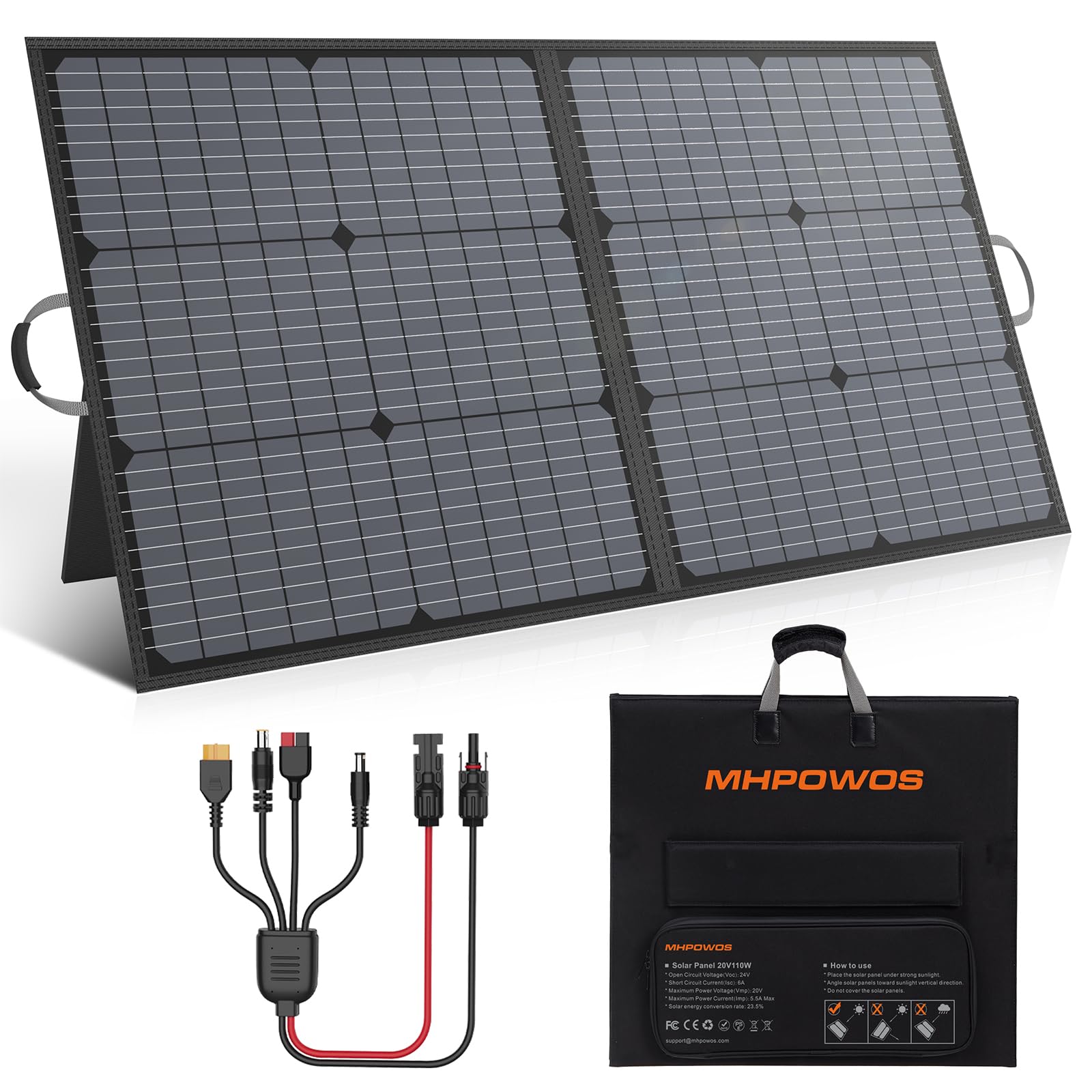 MHPOWOS Solar Charger 110W Portable Solar Panel, IP67 Waterproof Foldable Solar Panel kit with 20V Output, 23.5% Efficiency Module for Outdoor Camping, Portable Power Station, Laptops, Motorhome, RV
