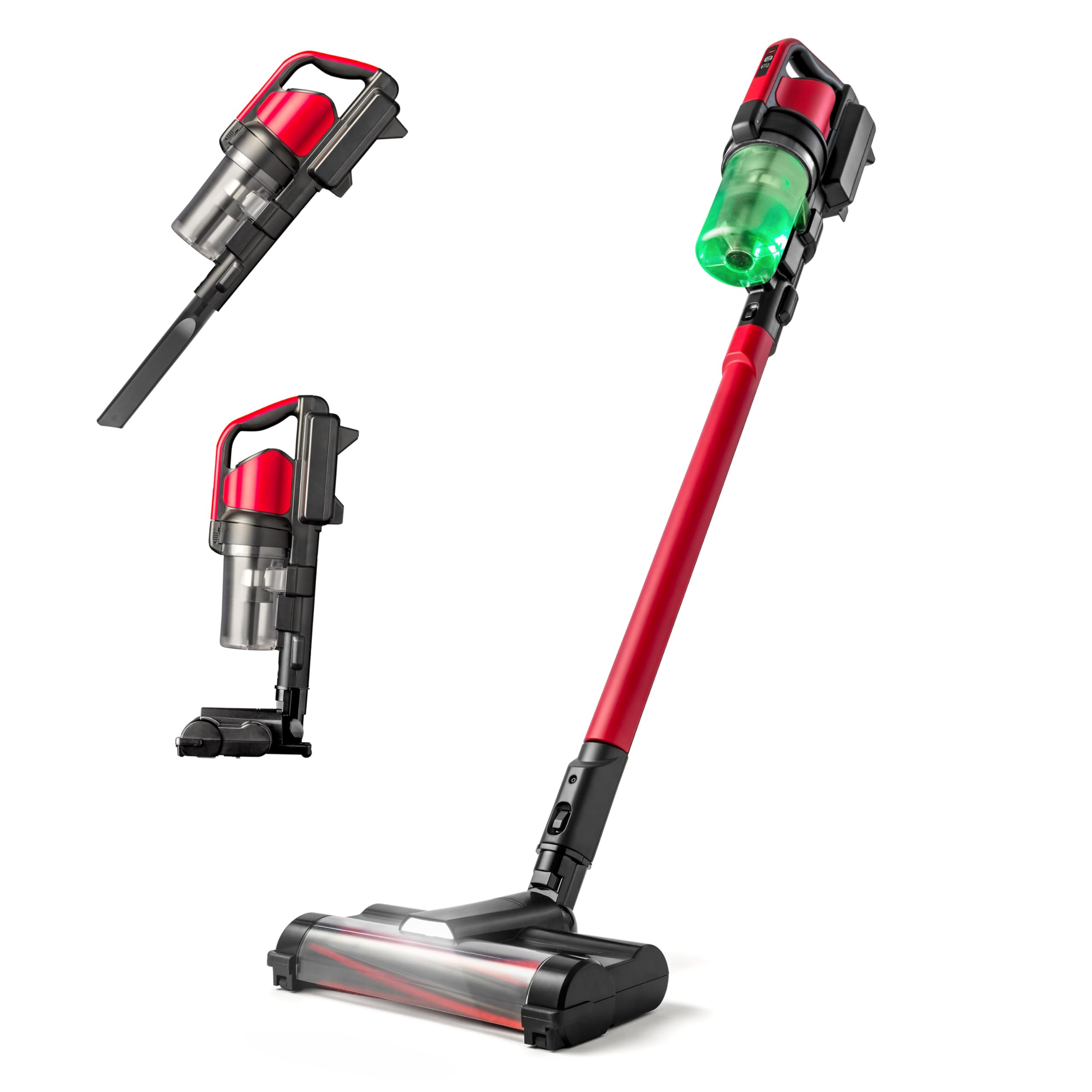 IRIS LIVING Cordless Vacuum Cleaner, 11-inch Powerhead, Self-Standing Design, Fast Charging, 50-Minute Runtime, LED Dust Sensor, Red