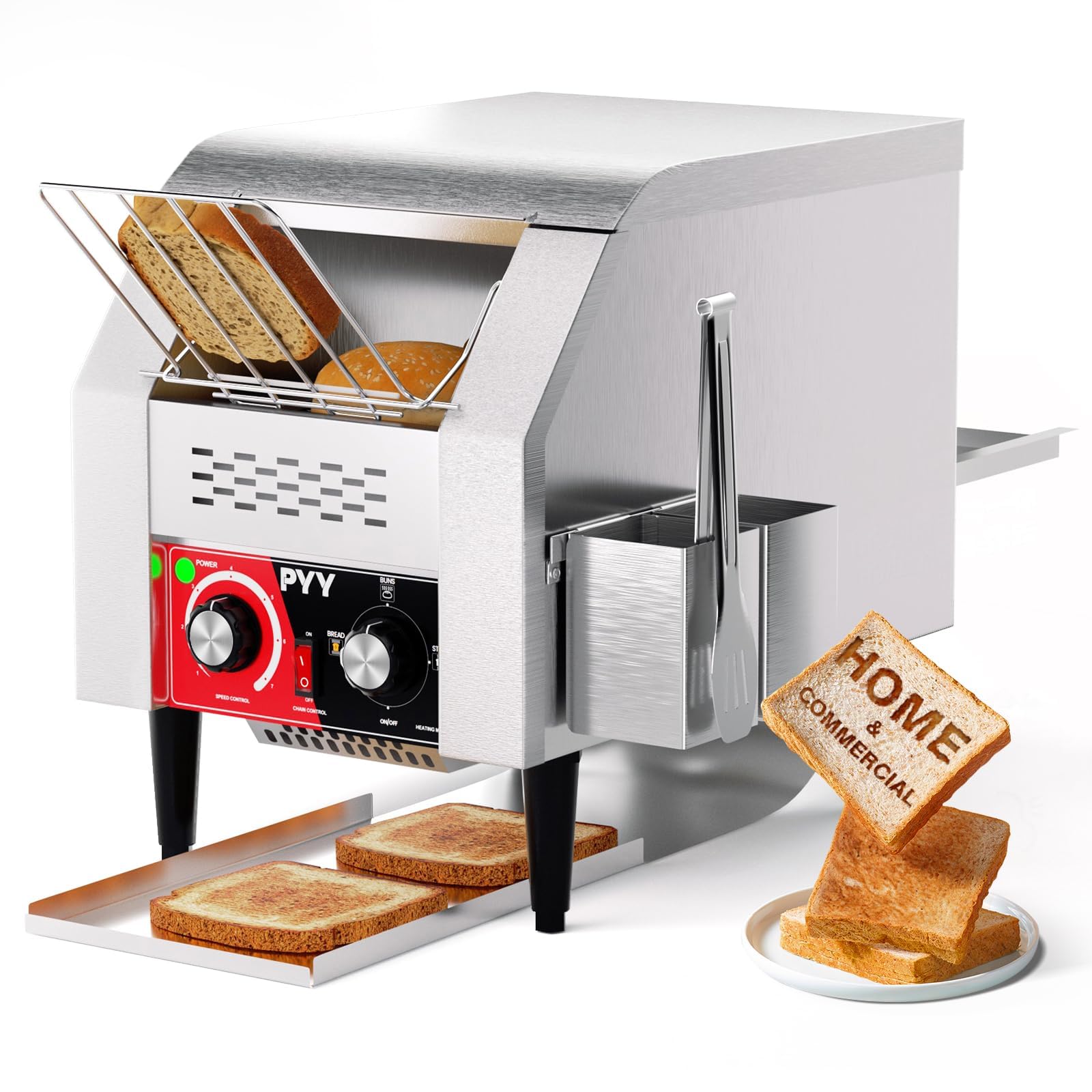 PYY Commercial Conveyor Toaster - 150 Slices/Hour Conveyor Belt Toaster, Heavy Duty Stainless Steel Commercial Toaster Oven, Electric Restaurant Commercial Toaster for Bagel, Bread, Silver, 1500W