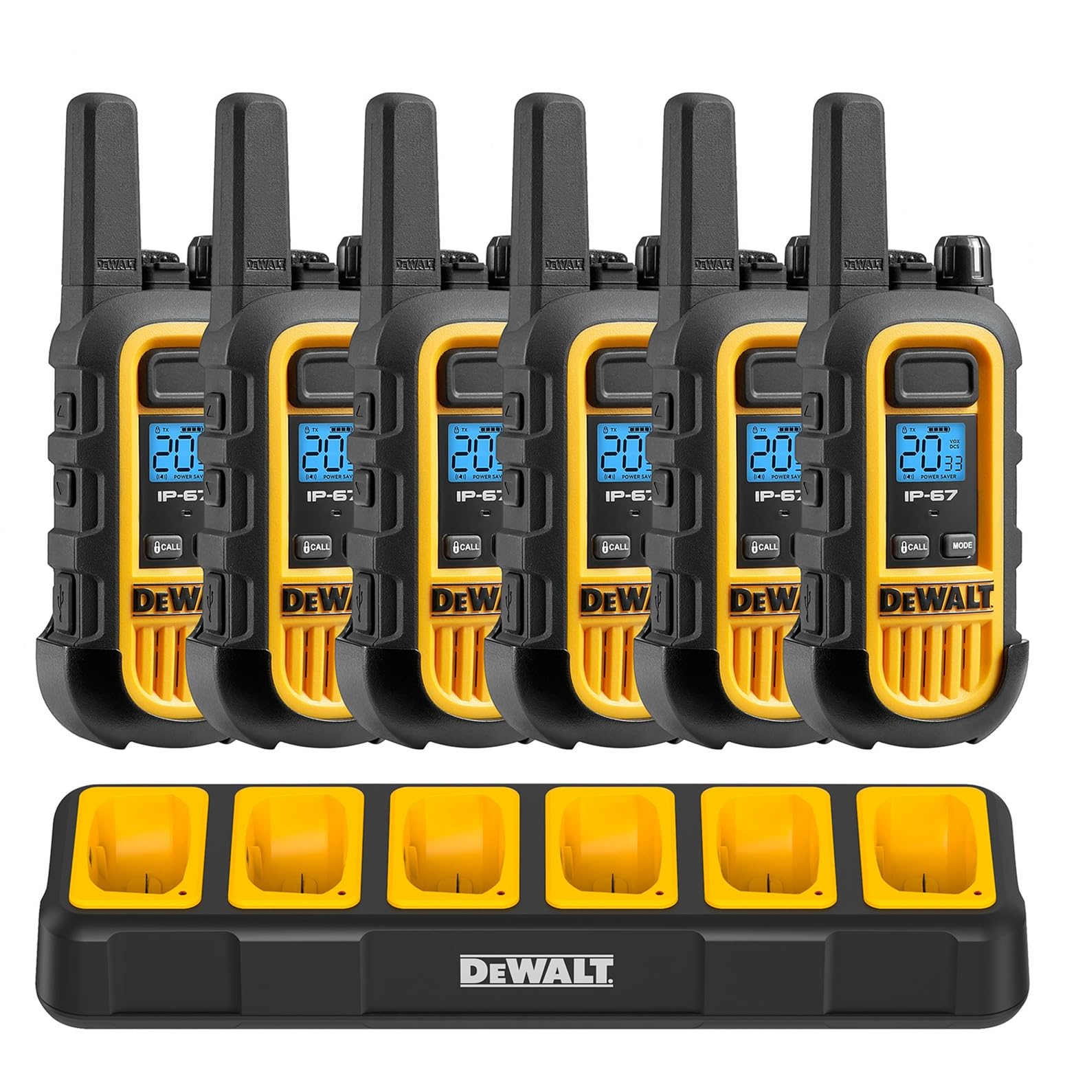 DEWALT DXFRS300 1 Watt Heavy Duty Walkie Talkies - Waterproof, Shock Resistant, Long Range & Rechargeable Two-Way Radio with VOX (6 Pack w/Gang Charger) (DXFRS300-BCH6)