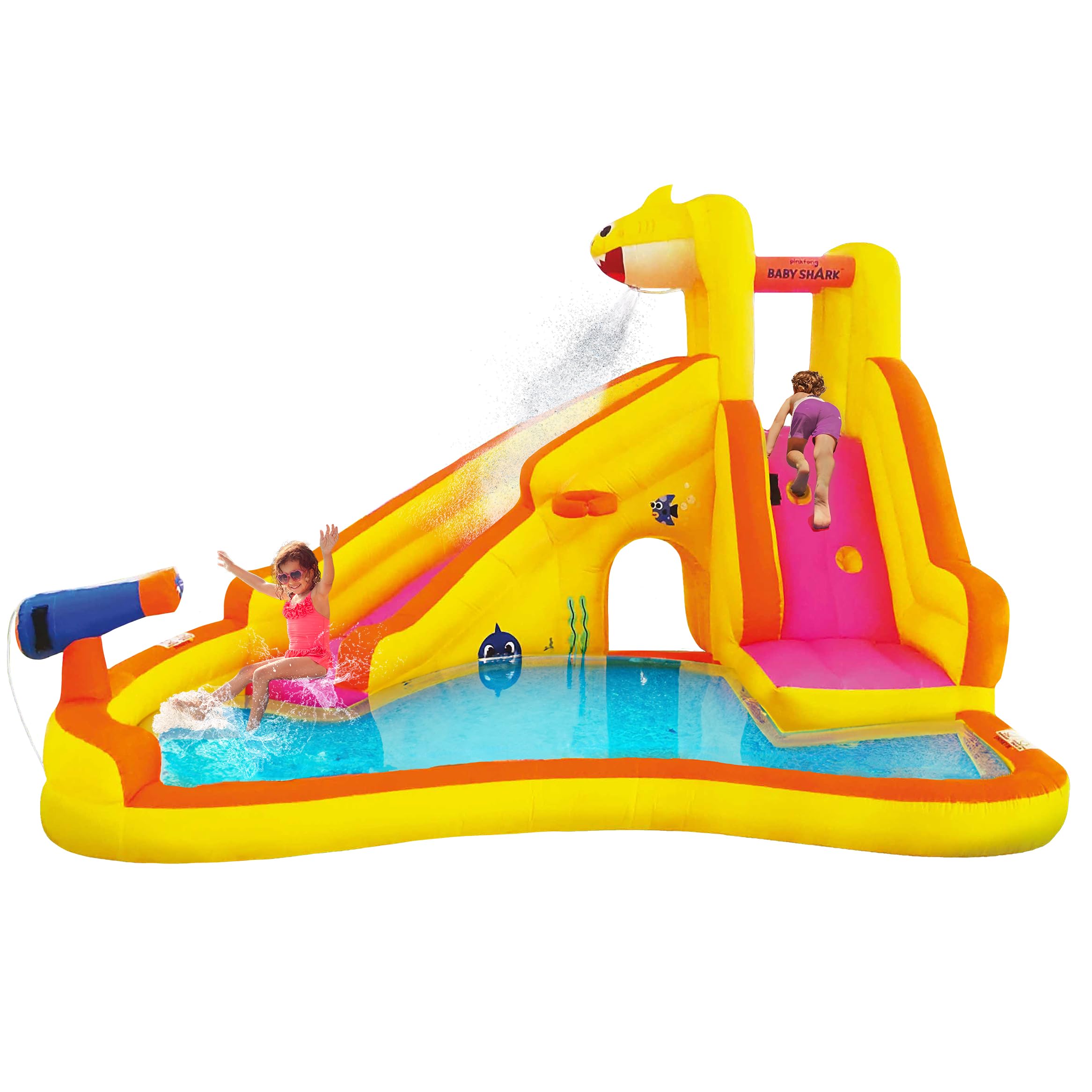 Funormous Baby Shark Bounce House with Slide Wet or Dry, Pink Fong Inflatable Water Slide, Party Outdoor Curve Waterslide Fun, Kids Backyard Water Park, Includes Water Sprayer, Pool & Blower
